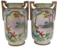 Antique Nippon Porcelain Miniature Vases Hand Painted Scene Matched Pair Morimura M Mark - Poppy's Vintage Clothing