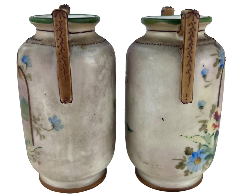 Antique Nippon Porcelain Miniature Vases Hand Painted Scene Matched Pair Morimura M Mark - Poppy's Vintage Clothing