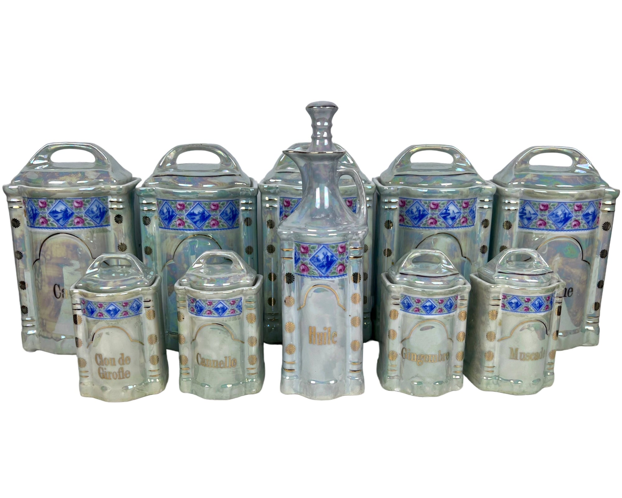 Vintage 1920s 30s French Canister Set Lustre Porcelain 10 pieces Excellent - Poppy's Vintage Clothing