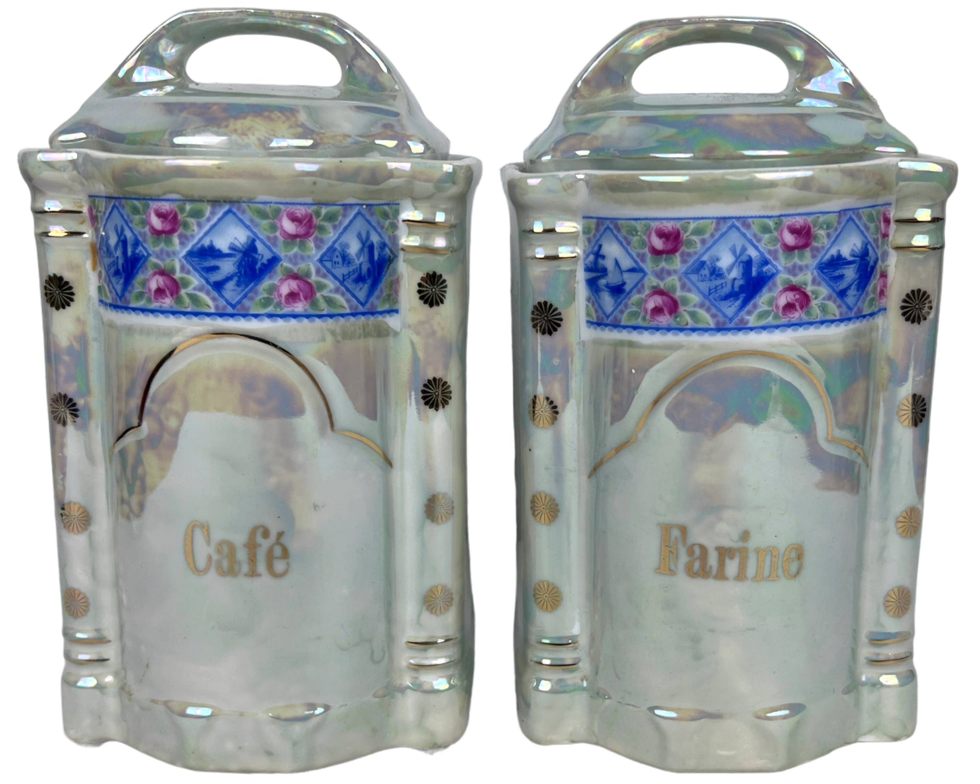 Vintage 1920s 30s French Canister Set Lustre Porcelain 10 pieces Excellent - Poppy's Vintage Clothing