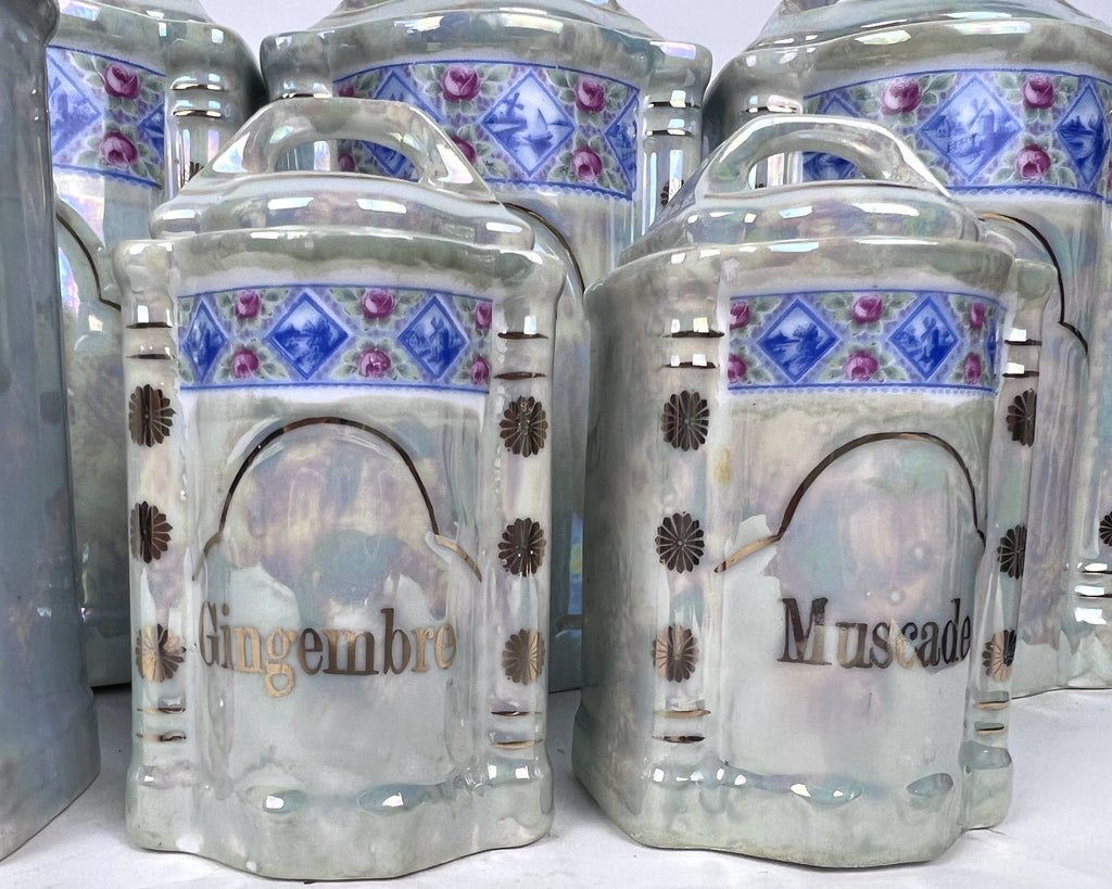 Vintage 1920s 30s French Canister Set Lustre Porcelain 10 pieces Excellent - Poppy's Vintage Clothing