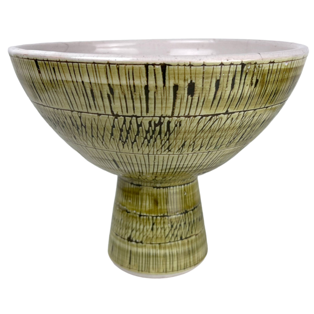 Mid Century Modern Sgraffito Pedestal Bowl Rye Pottery England - Poppy's Vintage Clothing