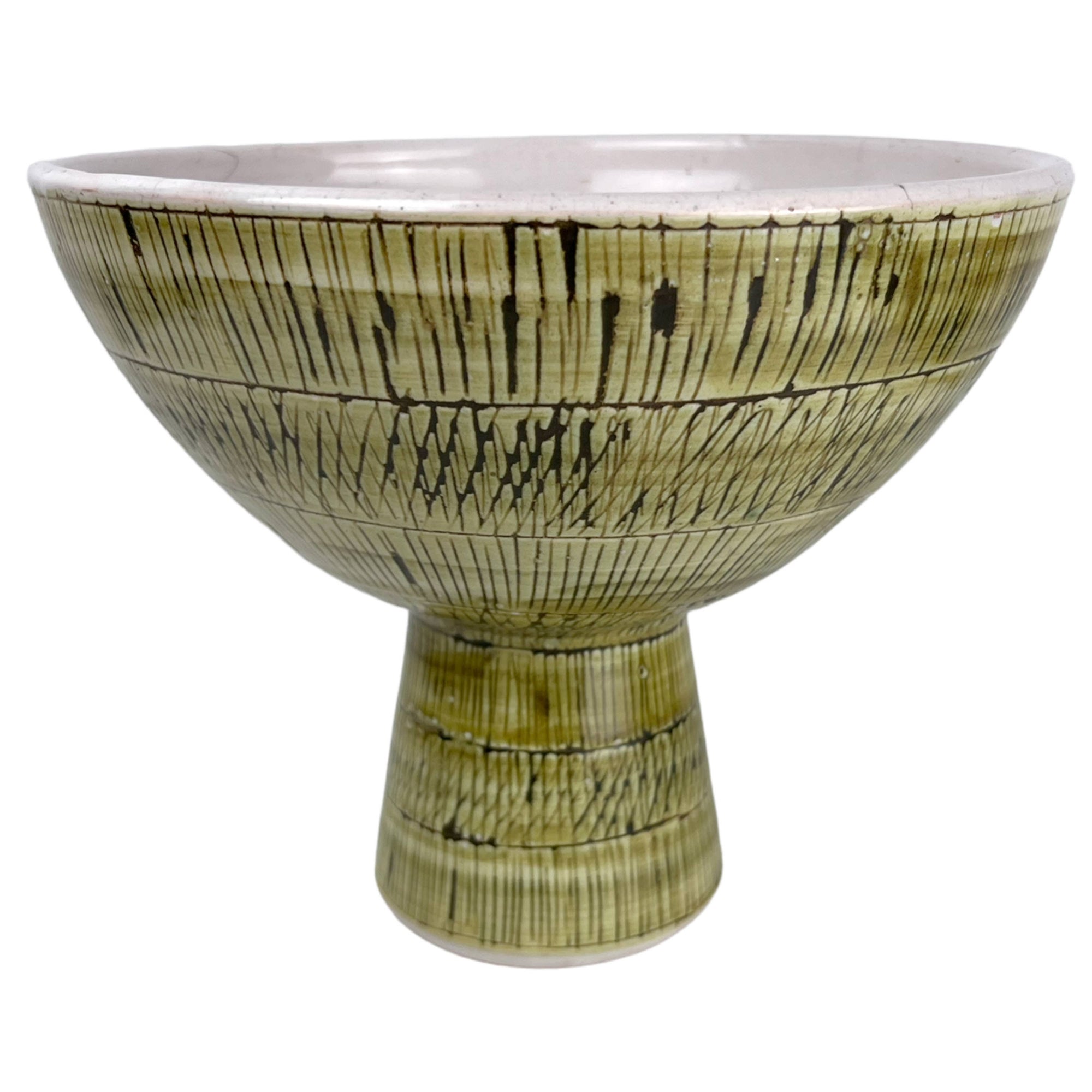 Mid Century Modern Sgraffito Pedestal Bowl Rye Pottery England - Poppy's Vintage Clothing