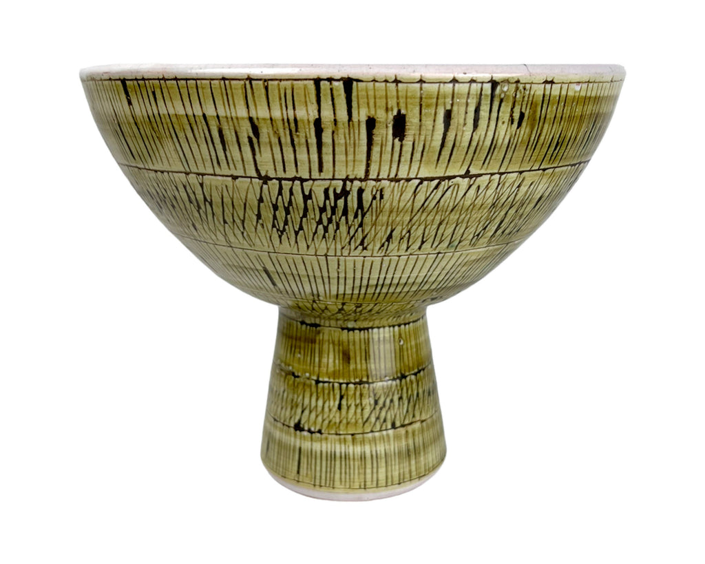 Mid Century Modern Sgraffito Pedestal Bowl Rye Pottery England - Poppy's Vintage Clothing