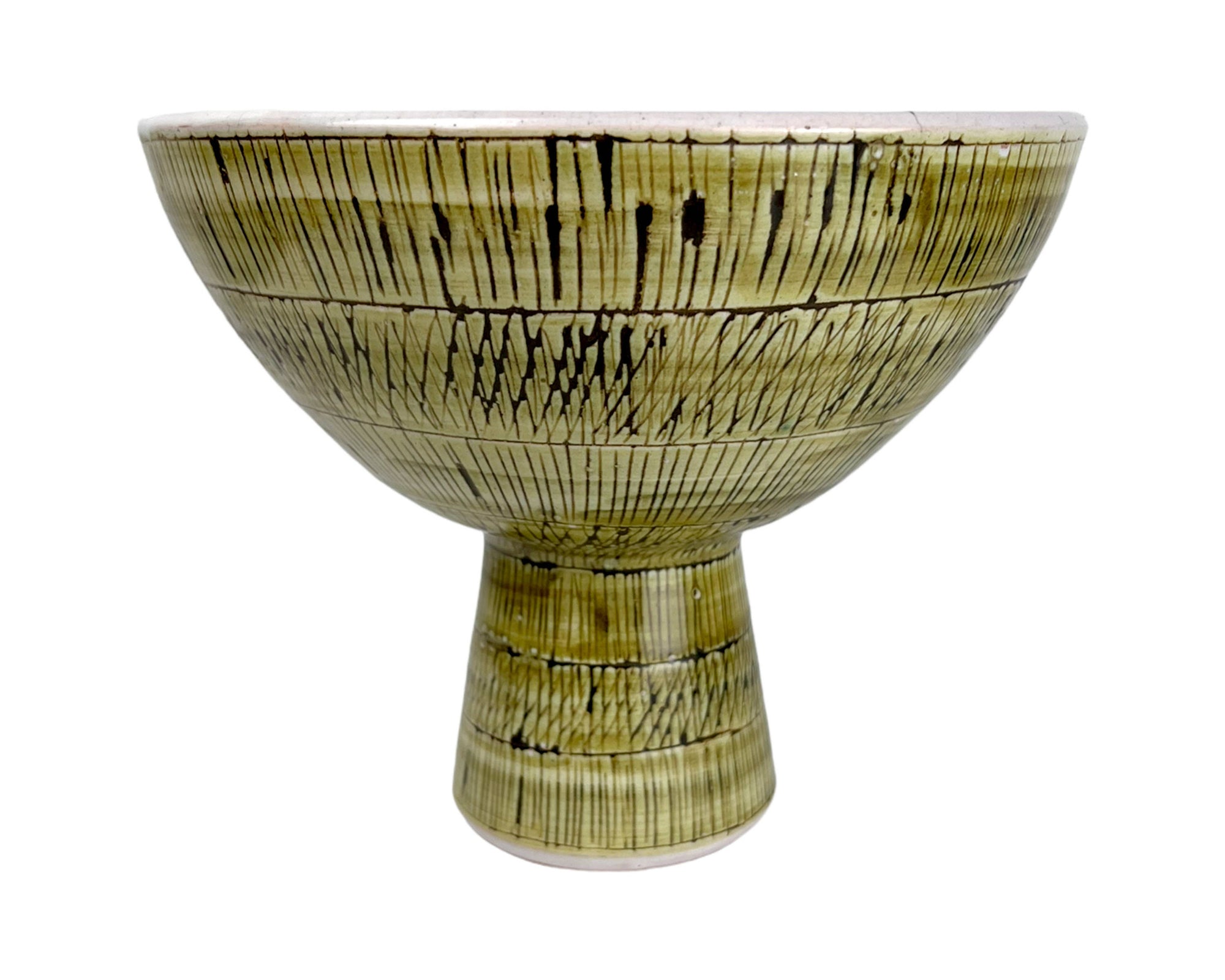 Mid Century Modern Sgraffito Pedestal Bowl Rye Pottery England - Poppy's Vintage Clothing