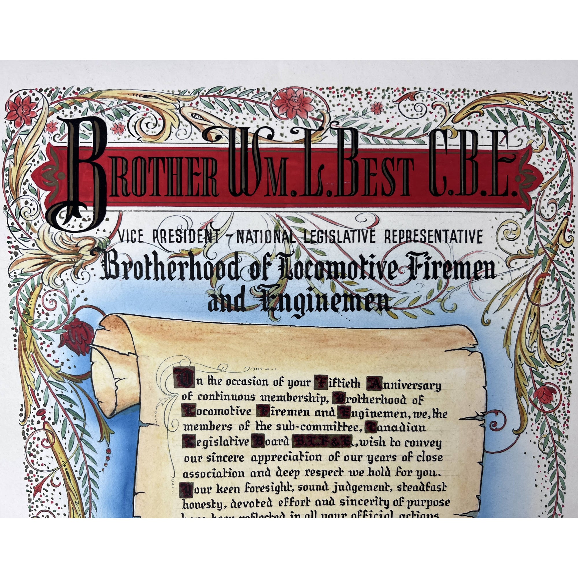Vintage 1930s Brotherhood of Locomotive Firemen and Enginemen Illuminated Appreciation Hand Made Signed - Poppy's Vintage Clothing