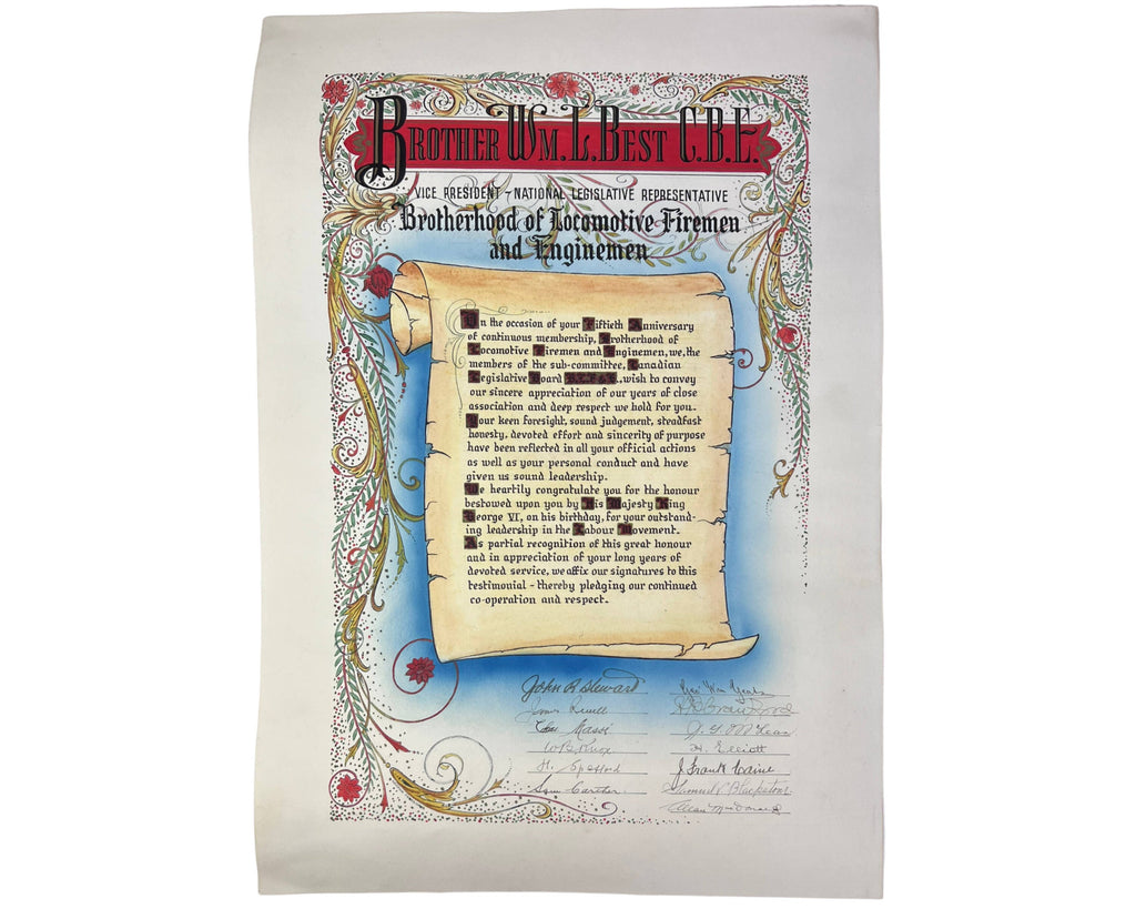 Vintage 1930s Brotherhood of Locomotive Firemen and Enginemen Illuminated Appreciation Hand Made Signed - Poppy's Vintage Clothing