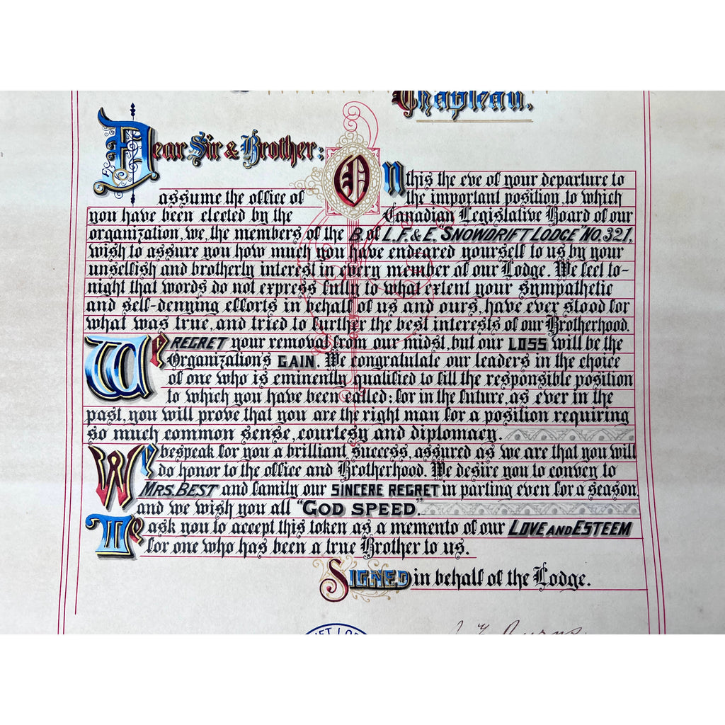 Antique 1910 Brotherhood of Locomotive Firemen and Enginemen Illumination Chapleau Ont Snow Drift Lodge - Poppy's Vintage Clothing