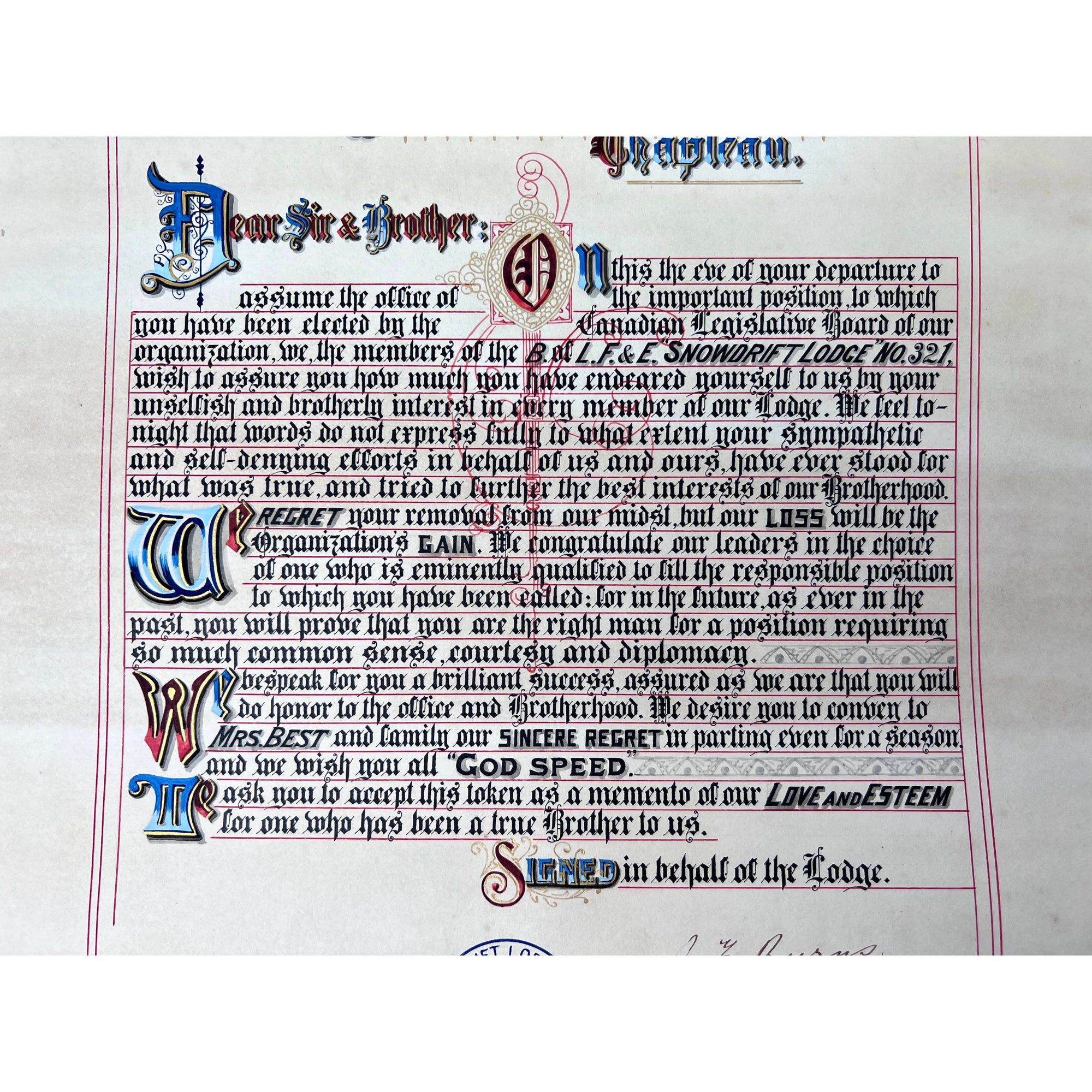 Antique 1910 Brotherhood of Locomotive Firemen and Enginemen Illumination Chapleau Ont Snow Drift Lodge - Poppy's Vintage Clothing