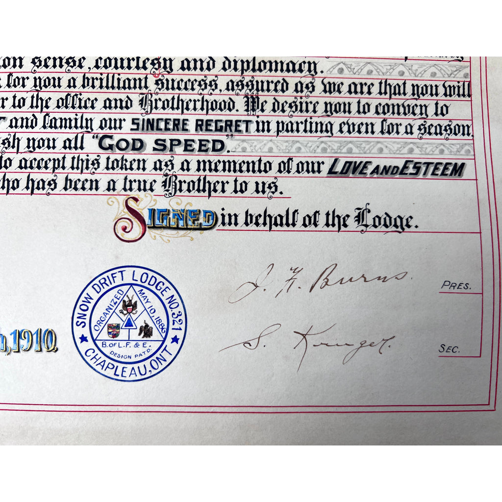 Antique 1910 Brotherhood of Locomotive Firemen and Enginemen Illumination Chapleau Ont Snow Drift Lodge - Poppy's Vintage Clothing