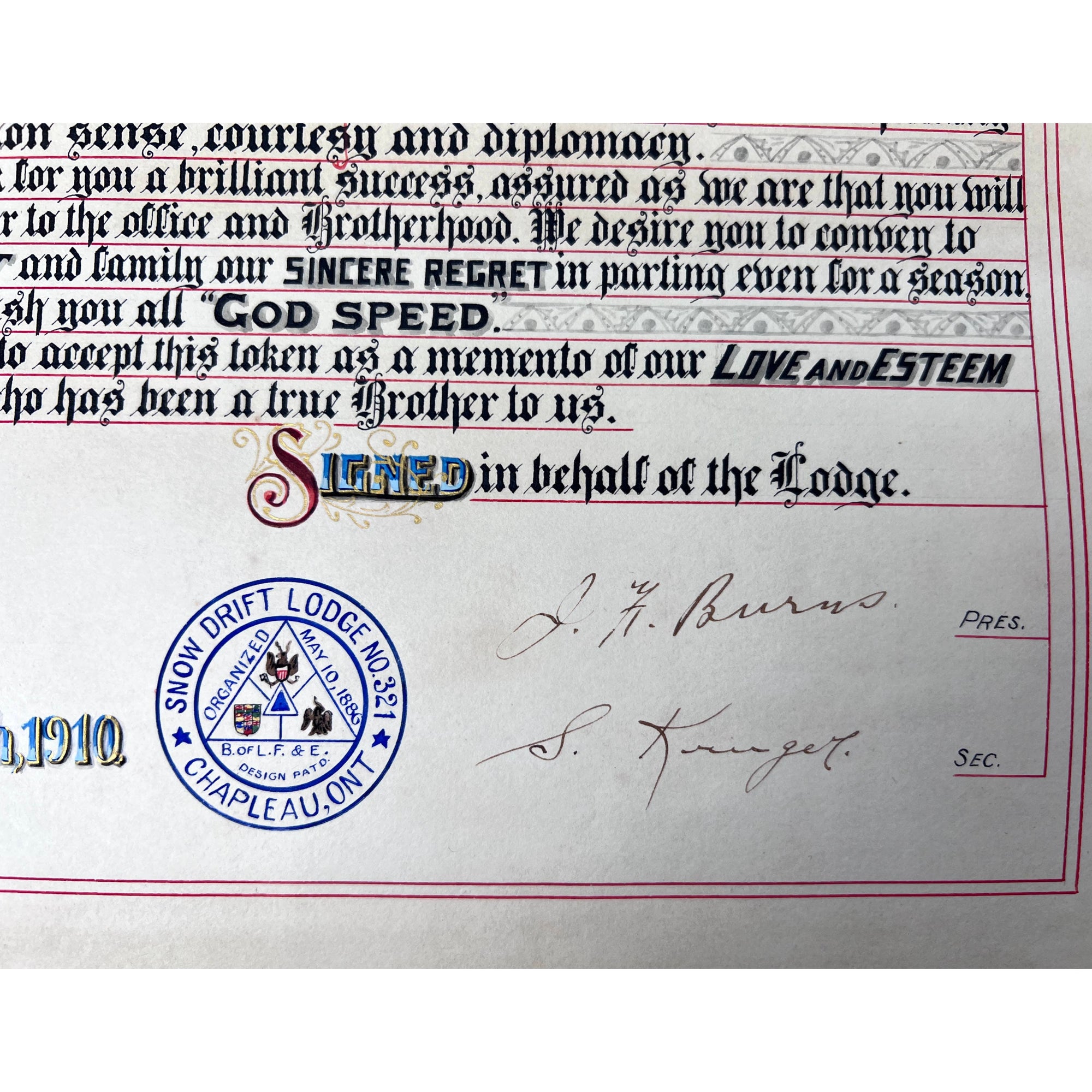 Antique 1910 Brotherhood of Locomotive Firemen and Enginemen Illumination Chapleau Ont Snow Drift Lodge - Poppy's Vintage Clothing