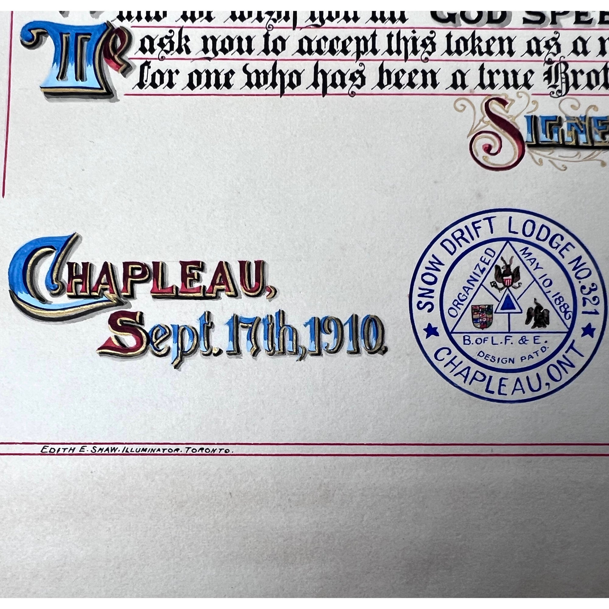 Antique 1910 Brotherhood of Locomotive Firemen and Enginemen Illumination Chapleau Ont Snow Drift Lodge - Poppy's Vintage Clothing