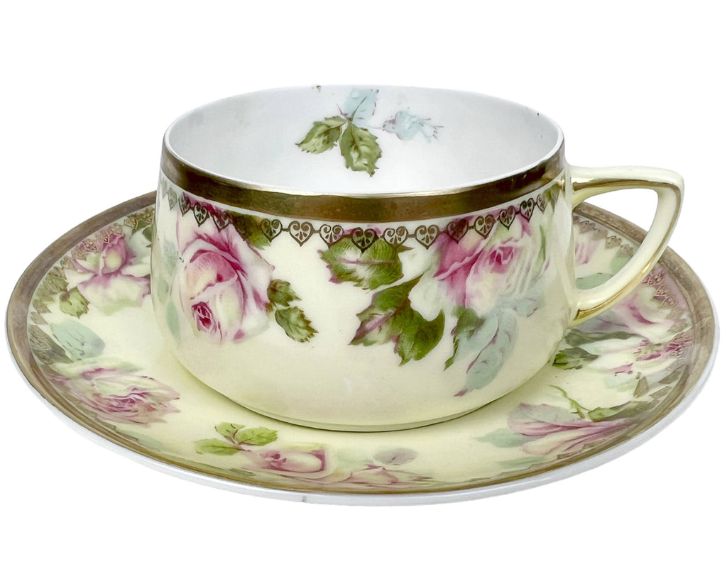 Antique Porcelain Cup & Saucer Hermann Ohme Silesia Roses Pattern - Poppy's Vintage Clothing