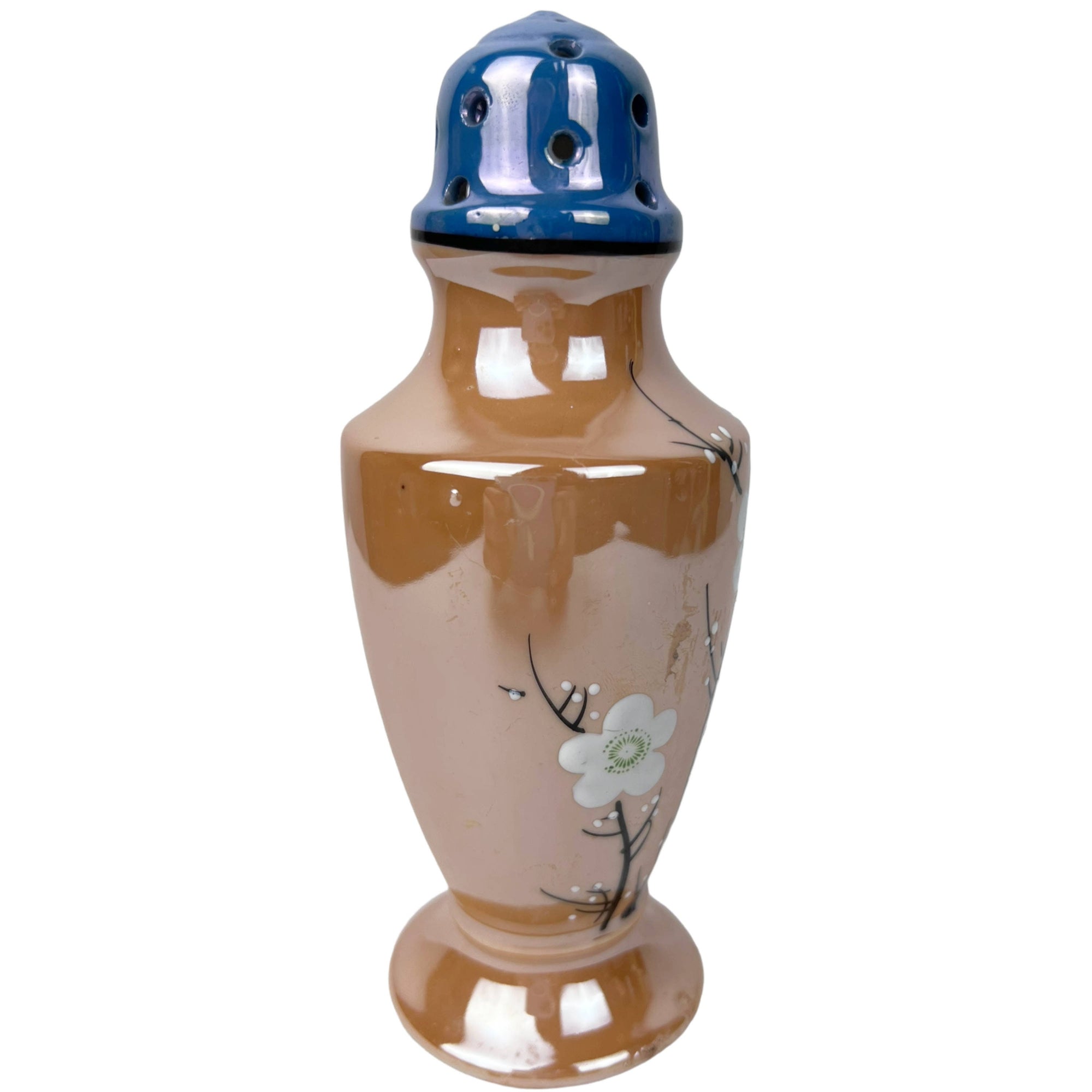 Vintage 1930s MIJ Sugar Shaker Muffineer Enamel Painted Peach Lustre Made in Japan - Poppy's Vintage Clothing