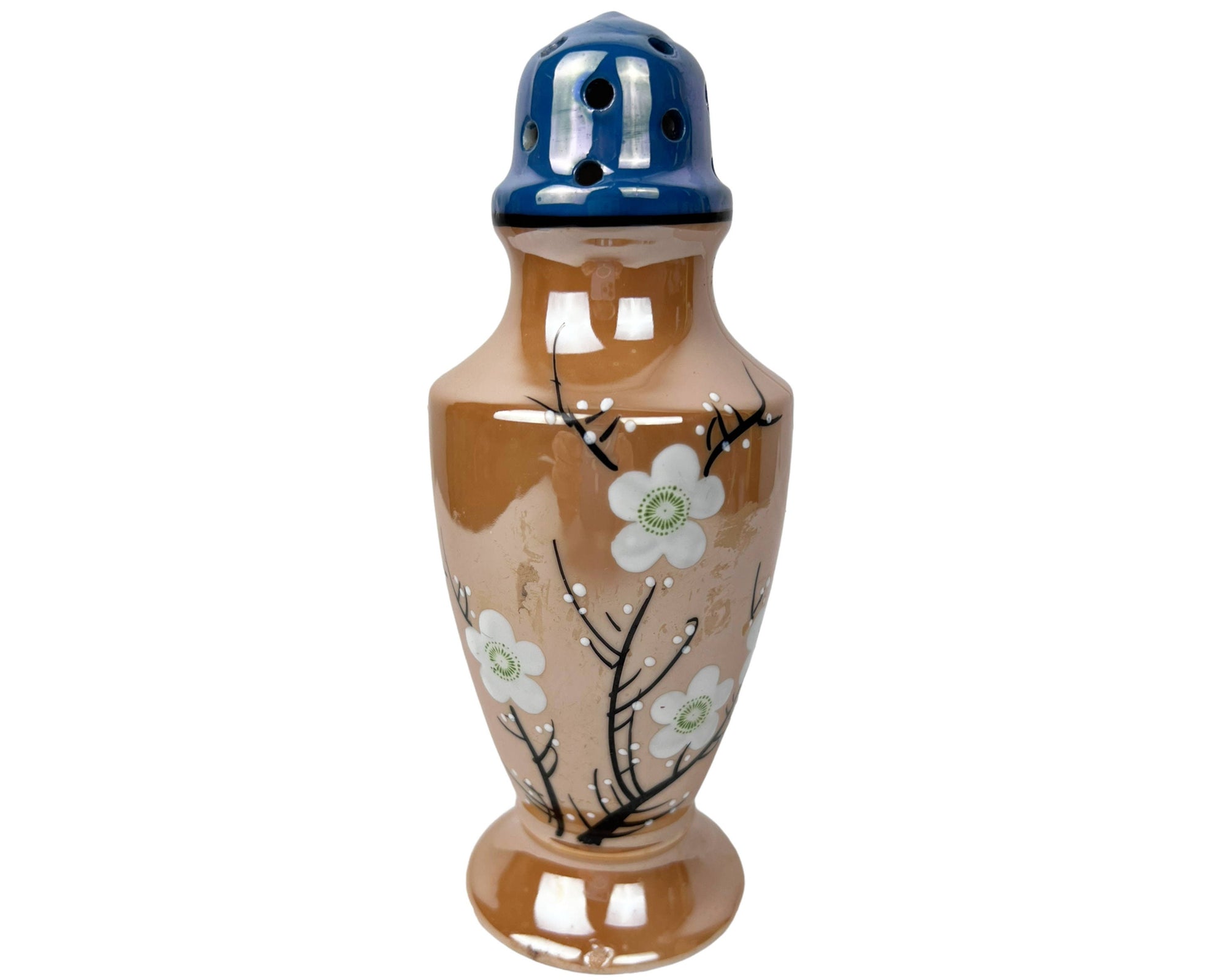 Vintage 1930s MIJ Sugar Shaker Muffineer Enamel Painted Peach Lustre Made in Japan - Poppy's Vintage Clothing
