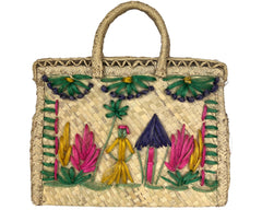 Vintage 1960s Embroidered Straw Tote Large Summer Handbag Purse British Hong Kong - Poppy's Vintage Clothing