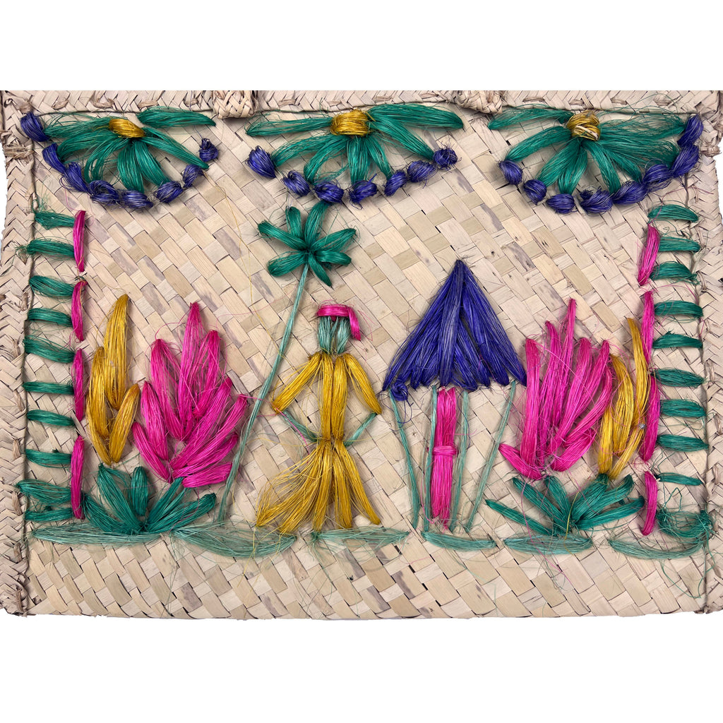 Vintage 1960s Embroidered Straw Tote Large Summer Handbag Purse British Hong Kong - Poppy's Vintage Clothing