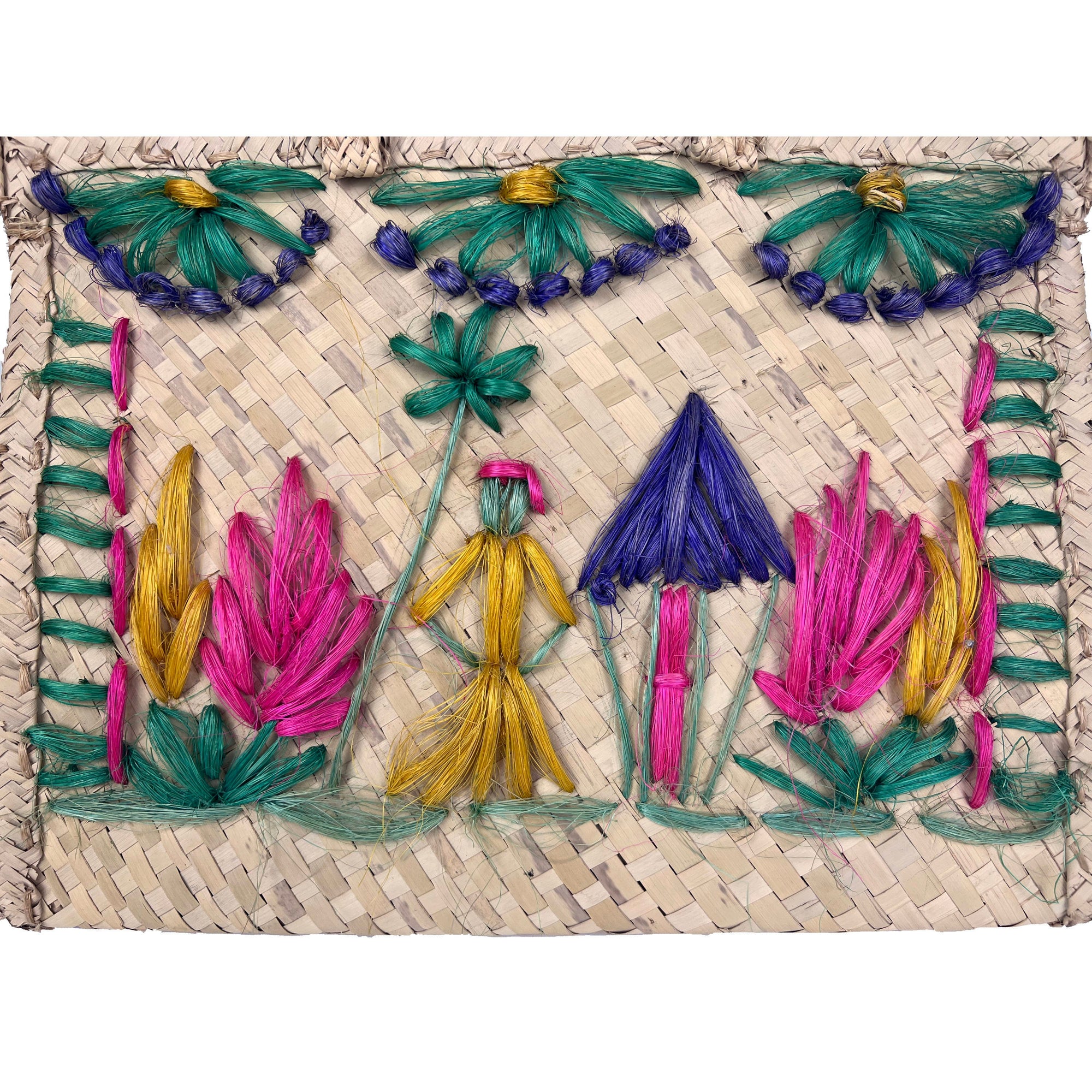 Vintage 1960s Embroidered Straw Tote Large Summer Handbag Purse British Hong Kong - Poppy's Vintage Clothing