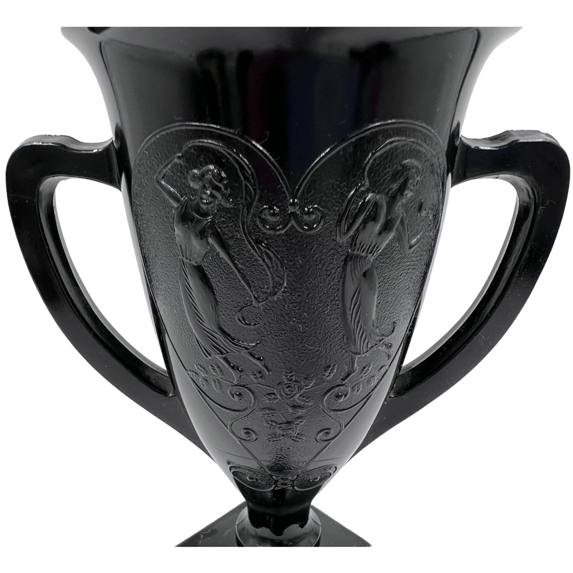Vintage 1930s LE Smith Black Amethyst Glass Vase Loving Cup Trophy Form Dancing Nymphs - Poppy's Vintage Clothing