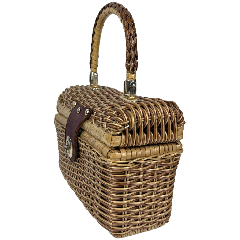 Vintage 1960s Vinyl Wicker Handbag Box Purse - Poppy's Vintage Clothing