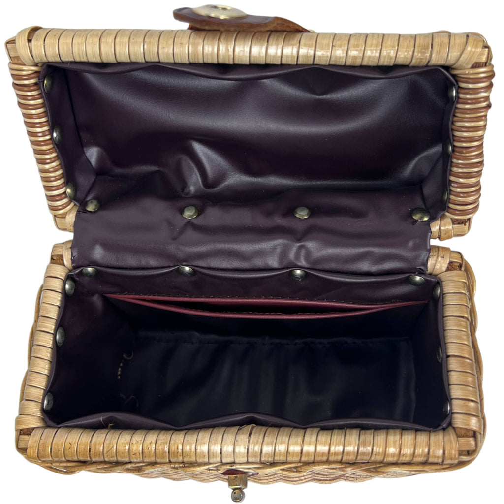 Vintage 1960s Vinyl Wicker Handbag Box Purse - Poppy's Vintage Clothing