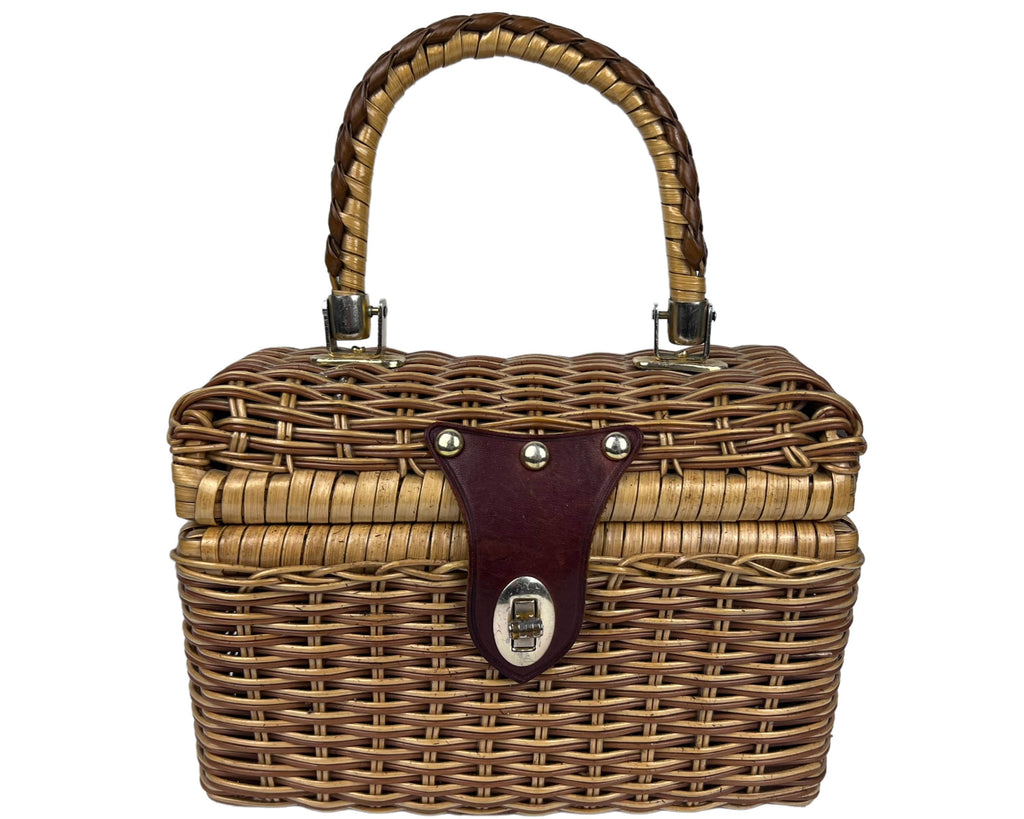 Vintage 1960s Vinyl Wicker Handbag Box Purse - Poppy's Vintage Clothing