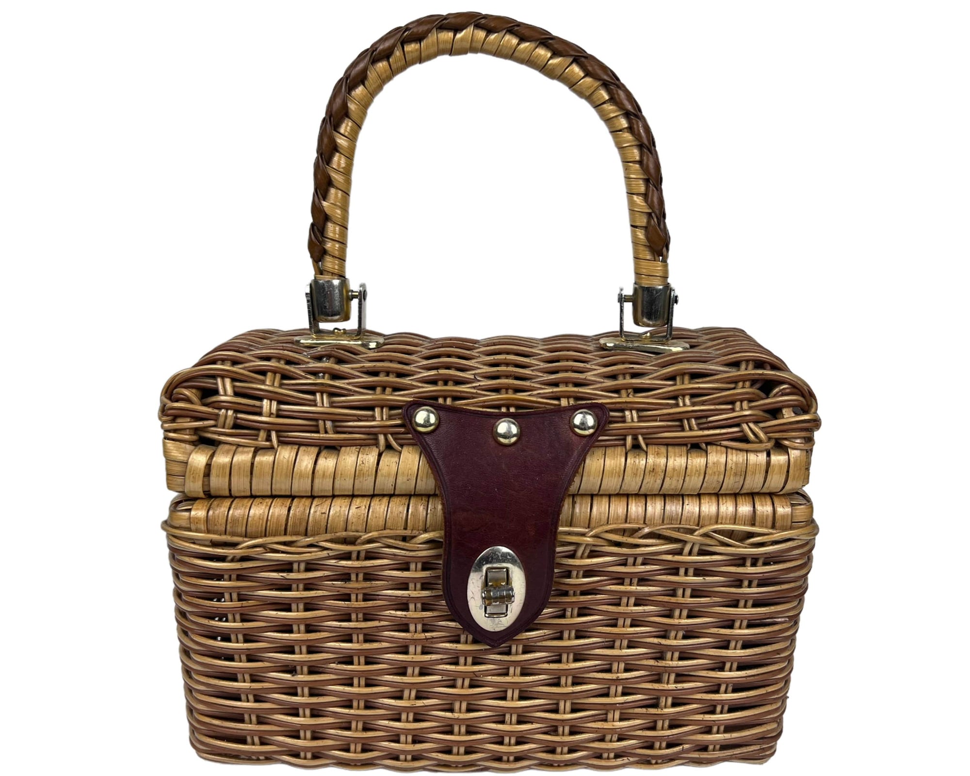 Vintage 1960s Vinyl Wicker Handbag Box Purse - Poppy's Vintage Clothing