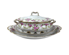 Antique Elite Limoges Porcelain Lidded Serving Dish w 2 Platters Pink Roses - Poppy's Vintage Clothing