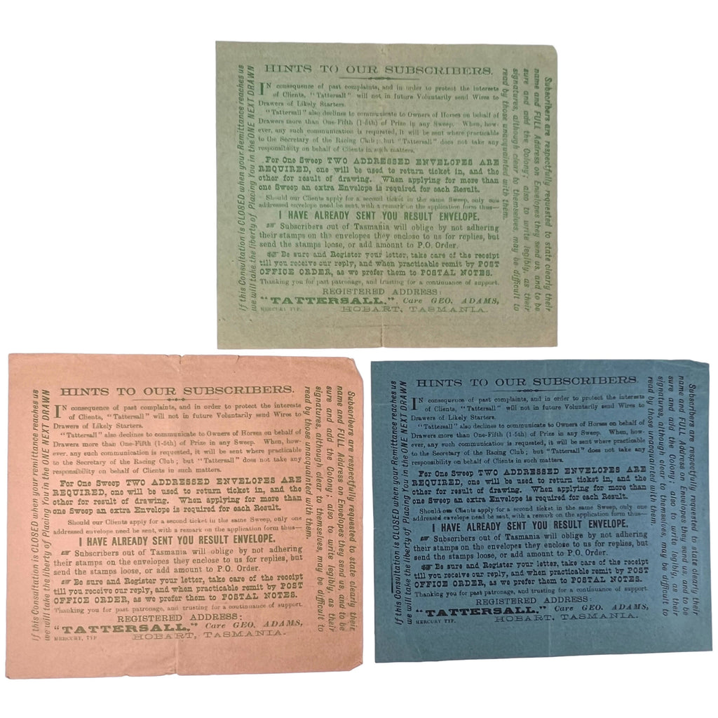1899 Antique Australia Horse Race Lottery Ticket Application Lot Tattersalls Tasmania + Leaflet - Poppy's Vintage Clothing