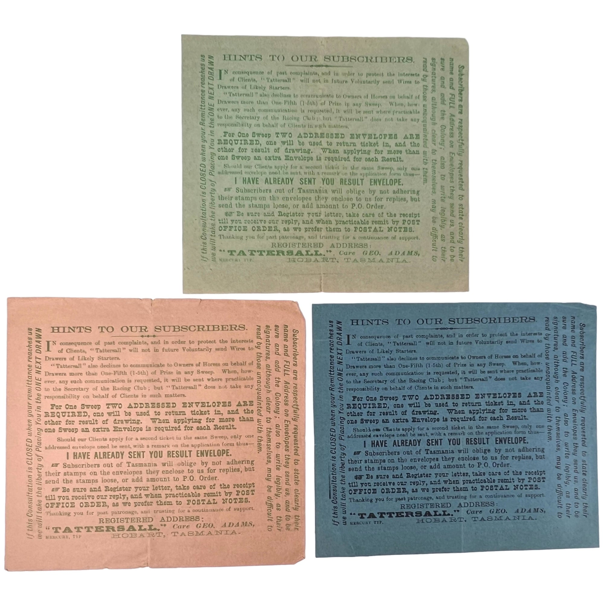 1899 Antique Australia Horse Race Lottery Ticket Application Lot Tattersalls Tasmania + Leaflet - Poppy's Vintage Clothing