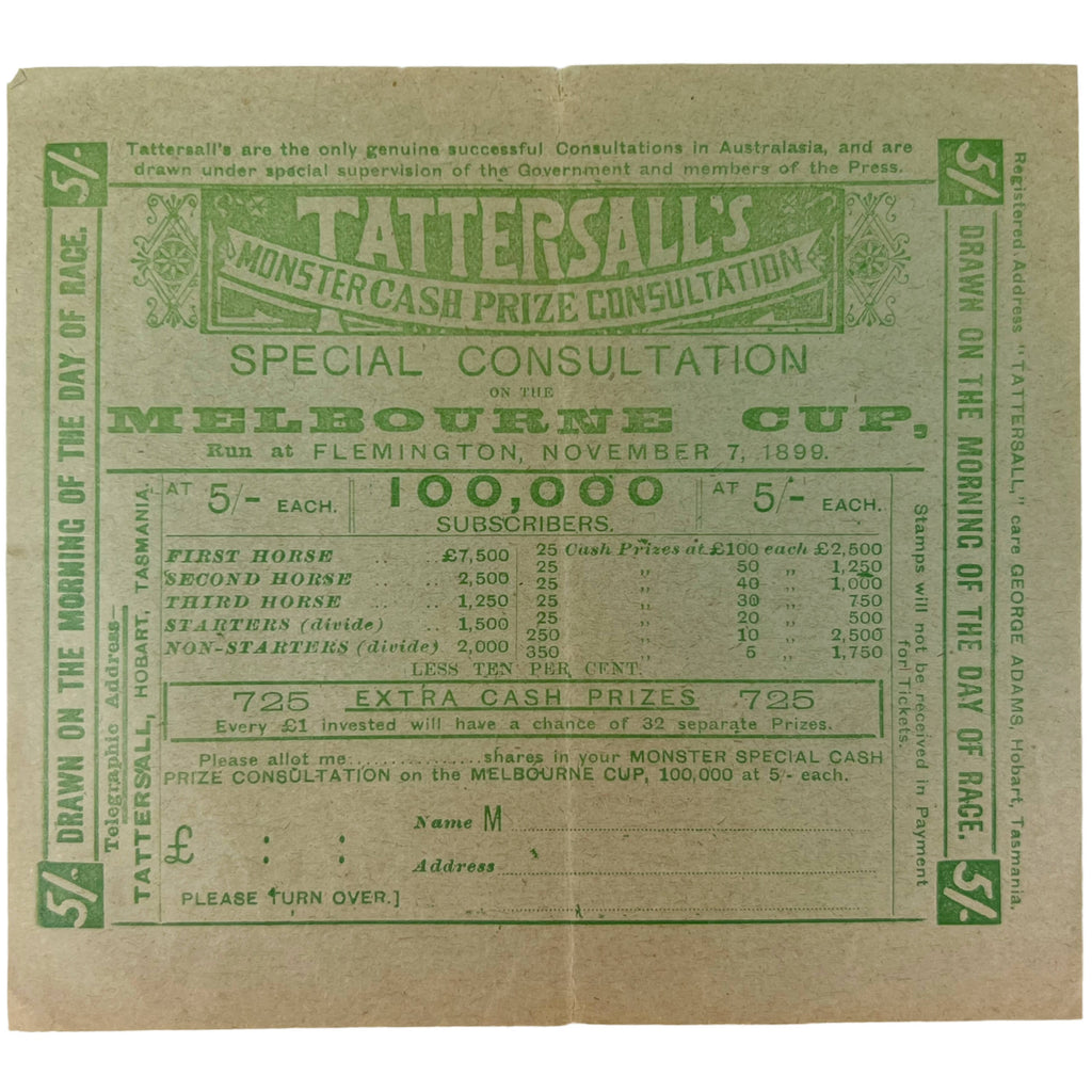 1899 Antique Australia Horse Race Lottery Ticket Application Lot Tattersalls Tasmania + Leaflet - Poppy's Vintage Clothing