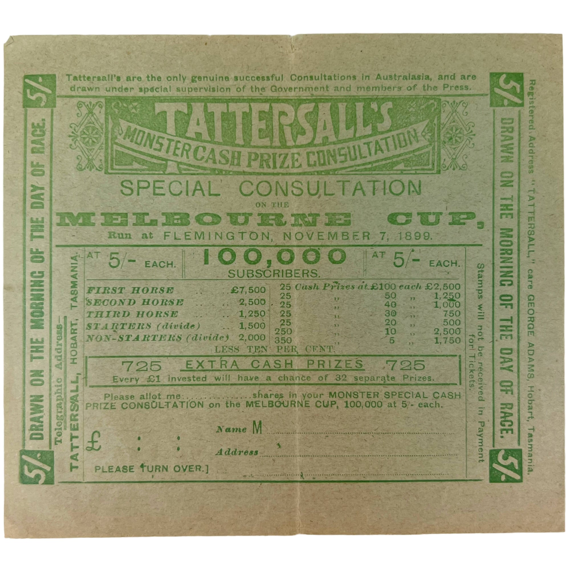 1899 Antique Australia Horse Race Lottery Ticket Application Lot Tattersalls Tasmania + Leaflet - Poppy's Vintage Clothing