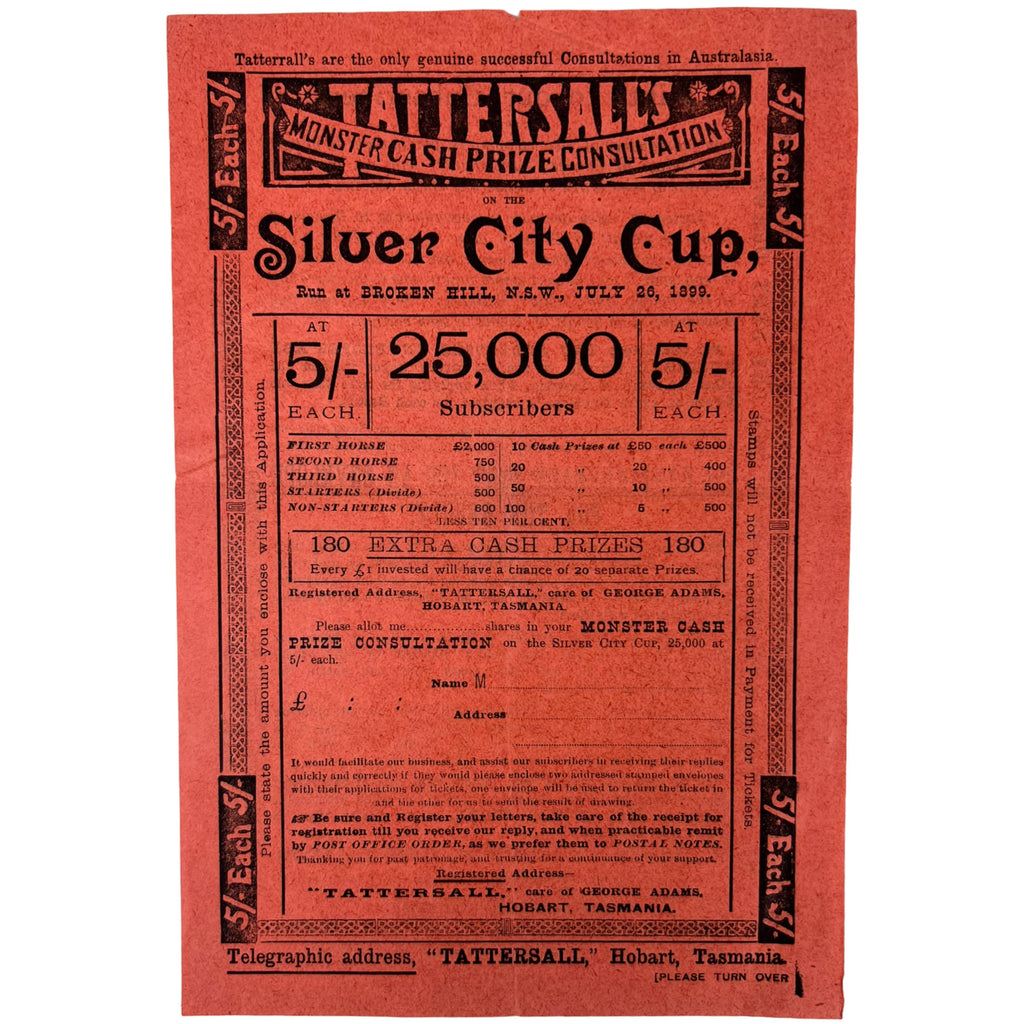1899 Antique Australia Horse Race Lottery Ticket Application Lot Tattersalls Tasmania + Leaflet - Poppy's Vintage Clothing