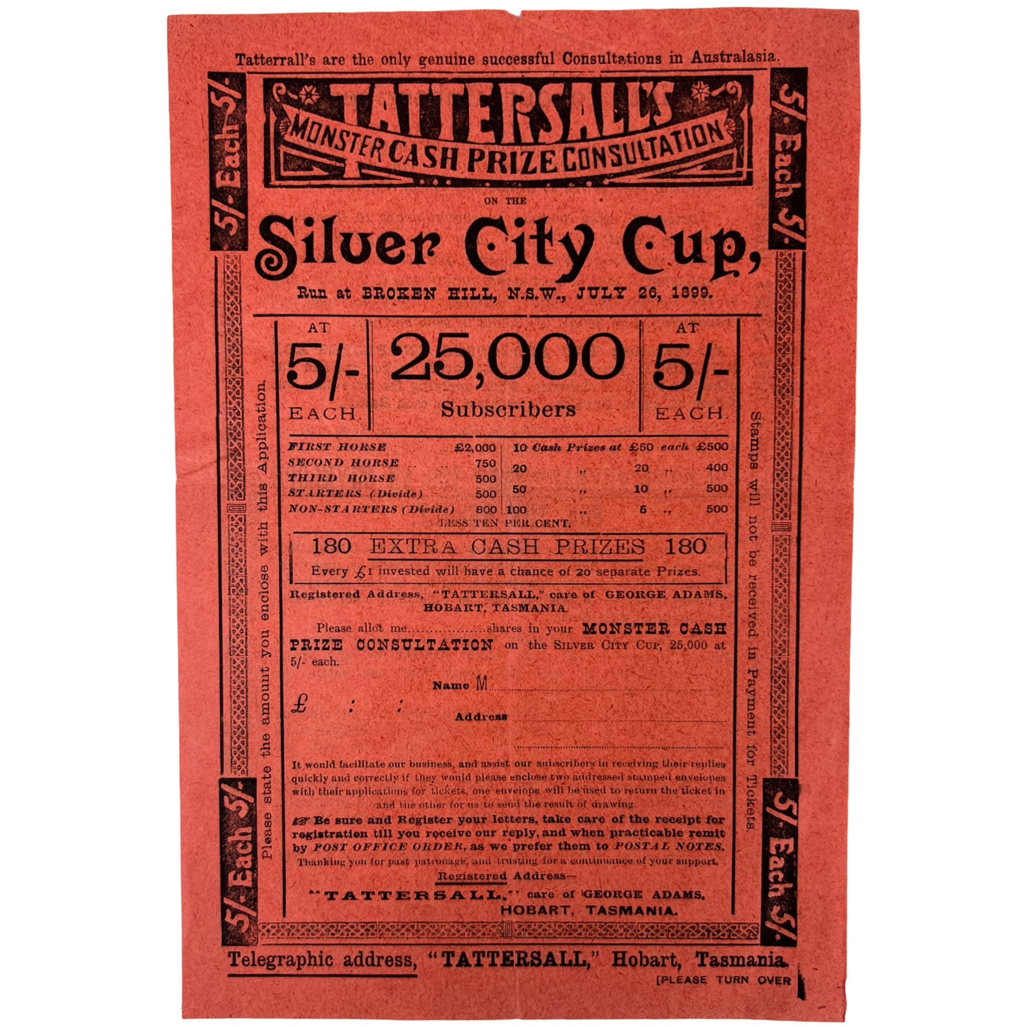 1899 Antique Australia Horse Race Lottery Ticket Application Lot Tattersalls Tasmania + Leaflet - Poppy's Vintage Clothing