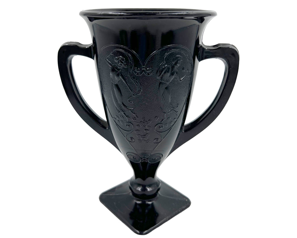 Vintage 1930s LE Smith Black Amethyst Glass Vase Loving Cup Trophy Form Dancing Nymphs - Poppy's Vintage Clothing