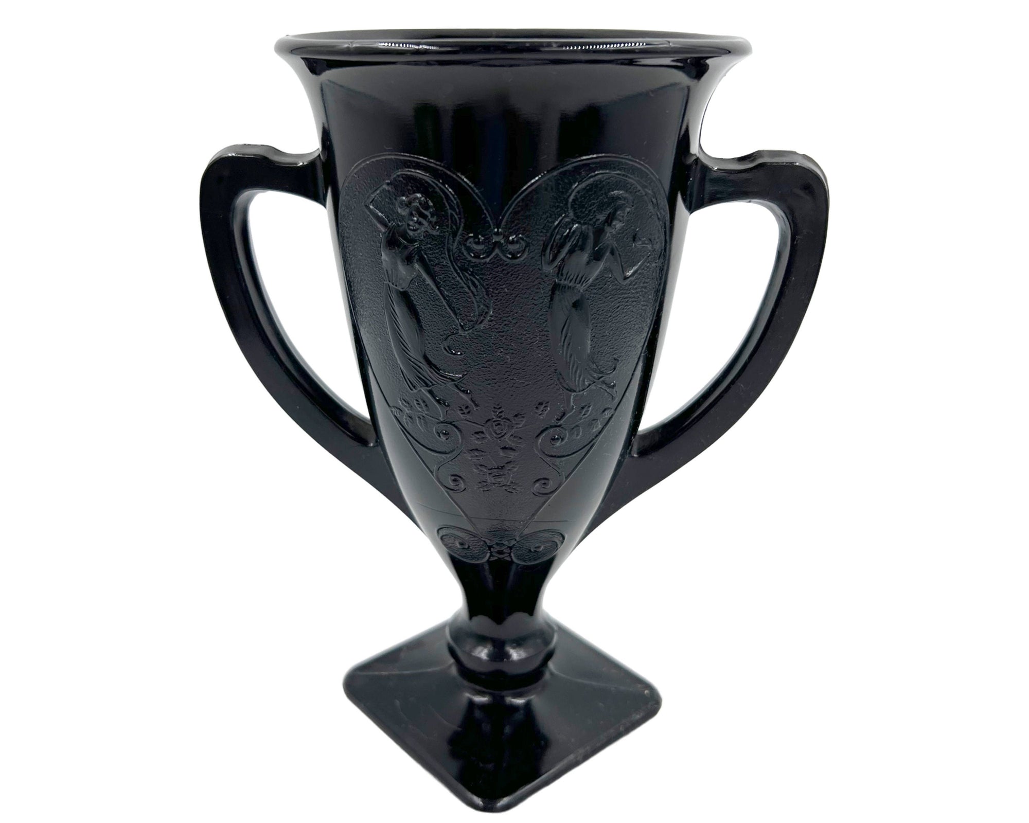 Vintage 1930s LE Smith Black Amethyst Glass Vase Loving Cup Trophy Form Dancing Nymphs - Poppy's Vintage Clothing