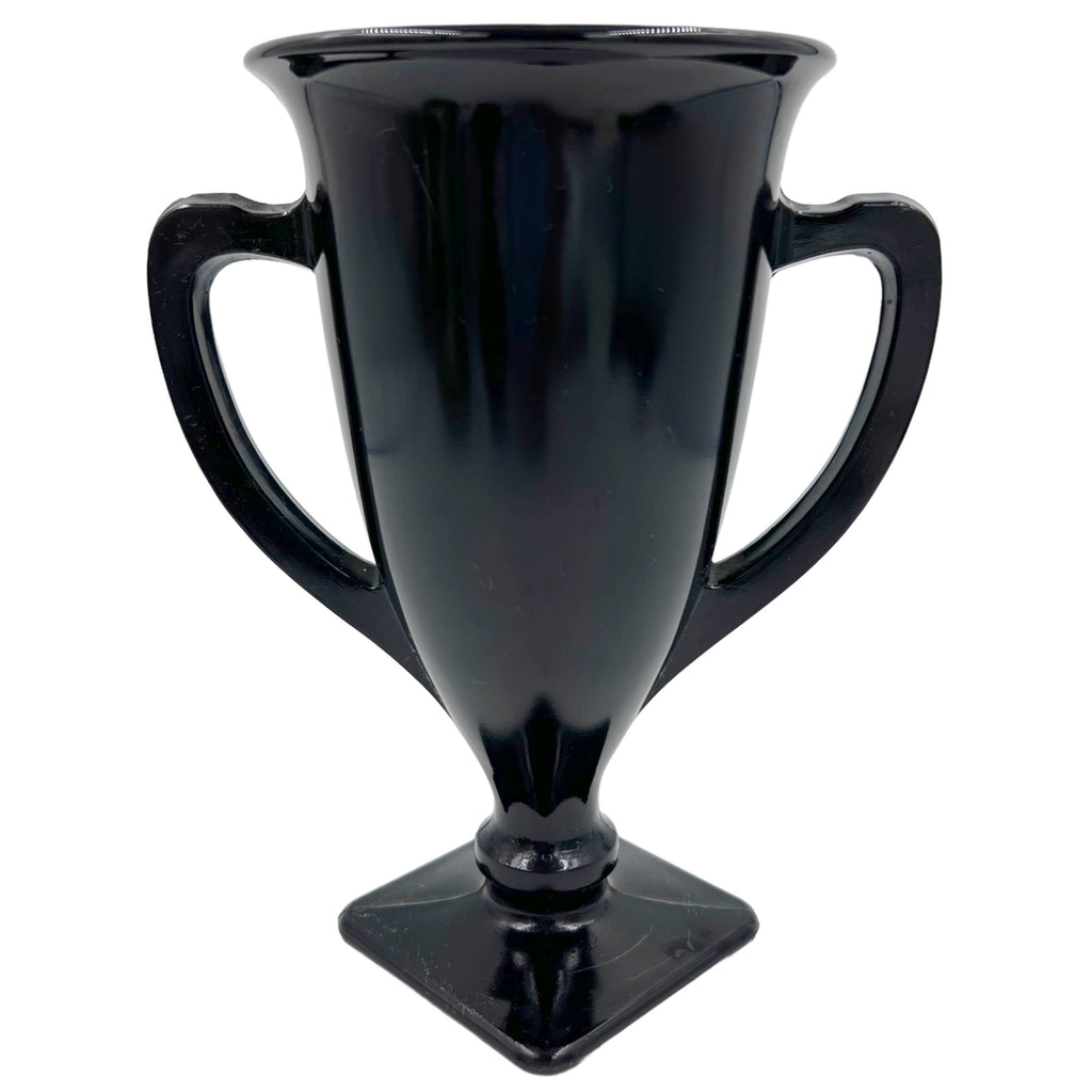 Vintage 1930s LE Smith Black Amethyst Glass Vase Loving Cup Trophy Form Dancing Nymphs - Poppy's Vintage Clothing