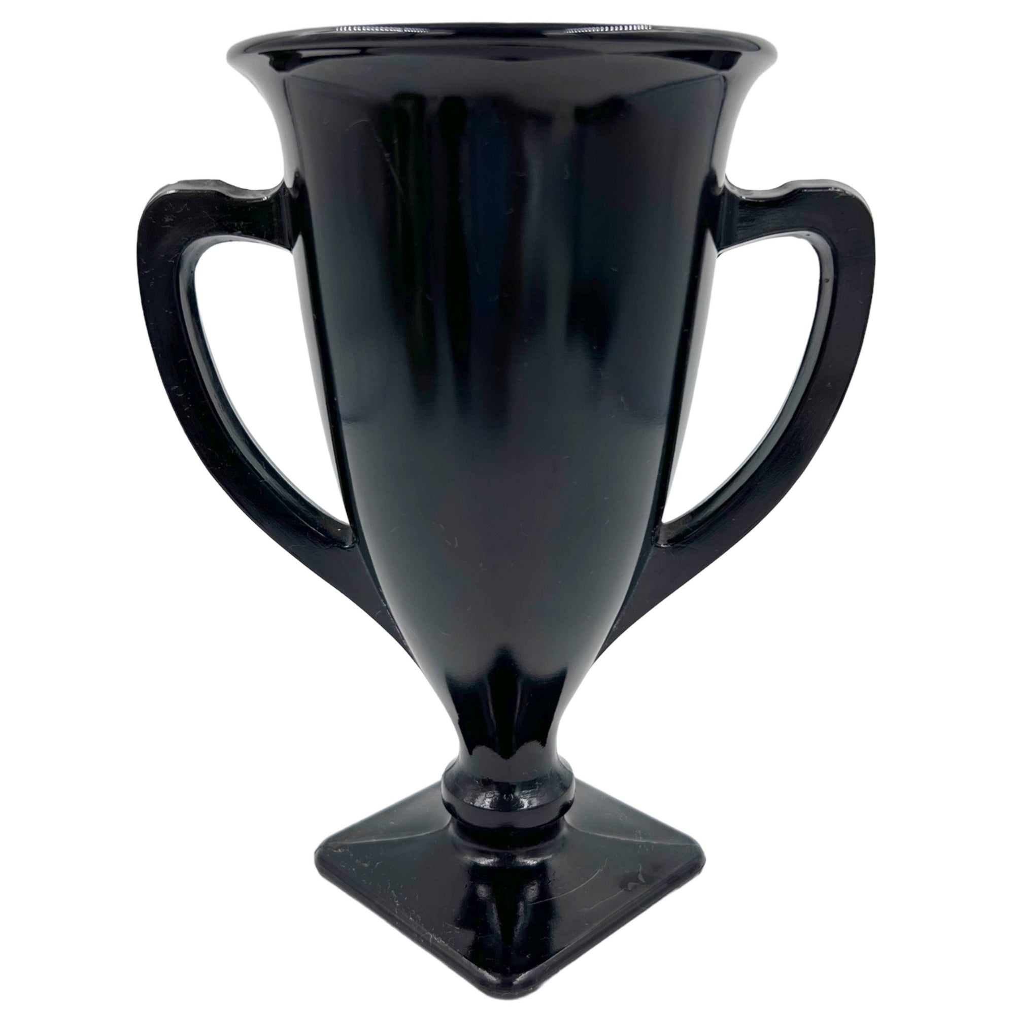 Vintage 1930s LE Smith Black Amethyst Glass Vase Loving Cup Trophy Form Dancing Nymphs - Poppy's Vintage Clothing