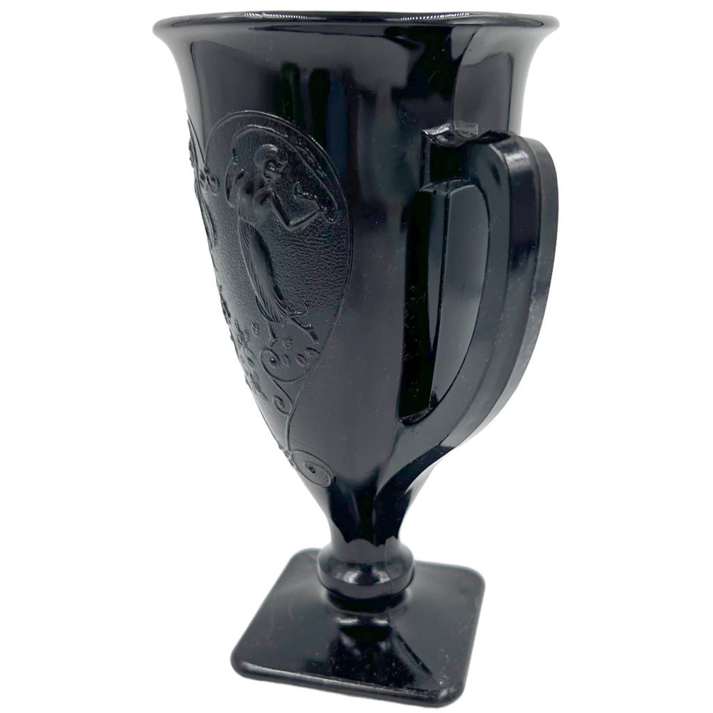 Vintage 1930s LE Smith Black Amethyst Glass Vase Loving Cup Trophy Form Dancing Nymphs - Poppy's Vintage Clothing