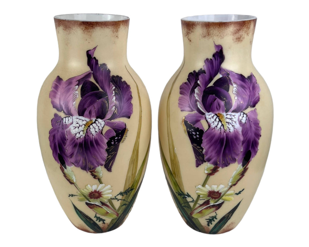 Pair of Antique Bearded Iris Vases Hand Painted Enamel Thick Milk Glass 12.25 - Poppy's Vintage Clothing