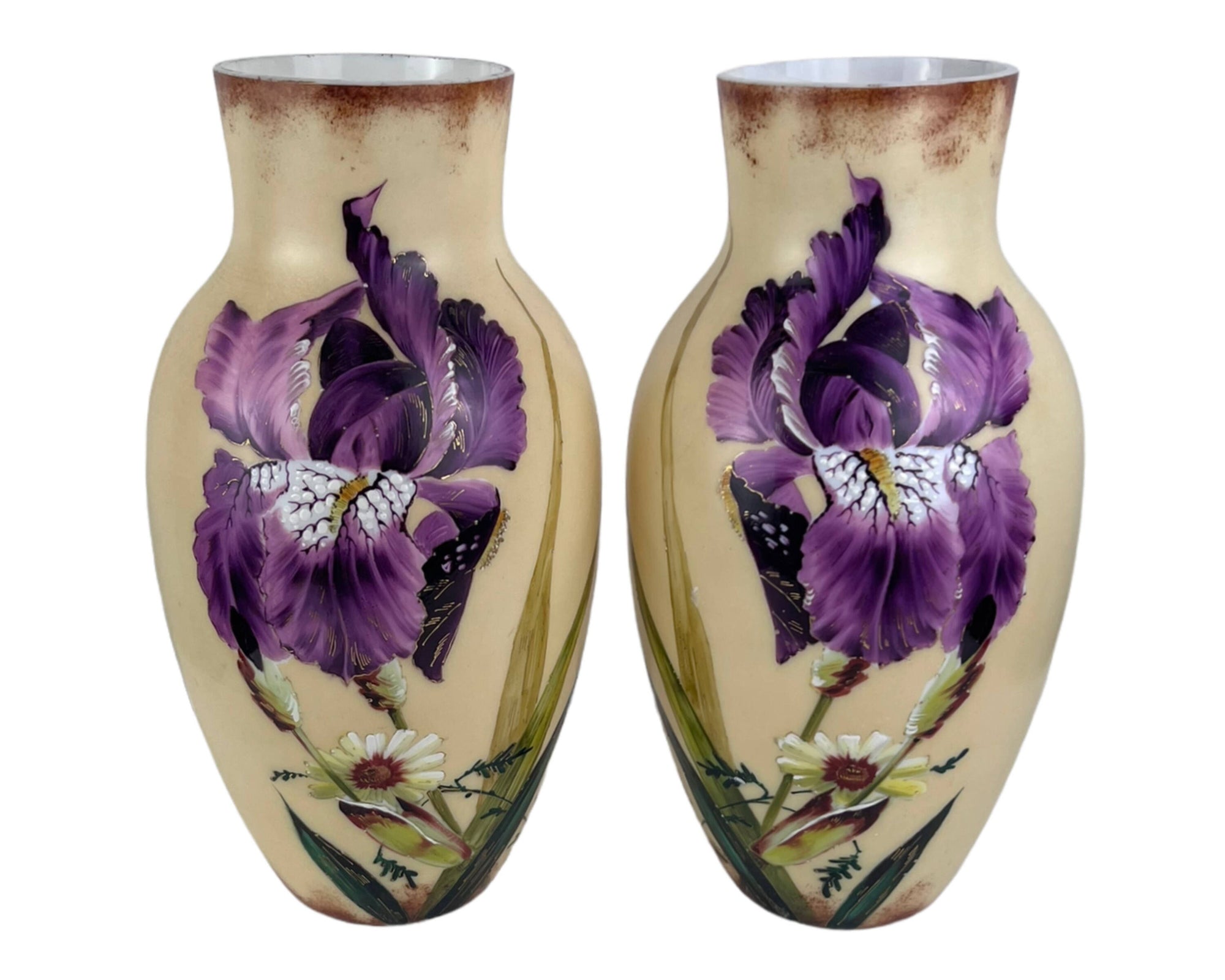 Pair of Antique Bearded Iris Vases Hand Painted Enamel Thick Milk Glass 12.25 - Poppy's Vintage Clothing