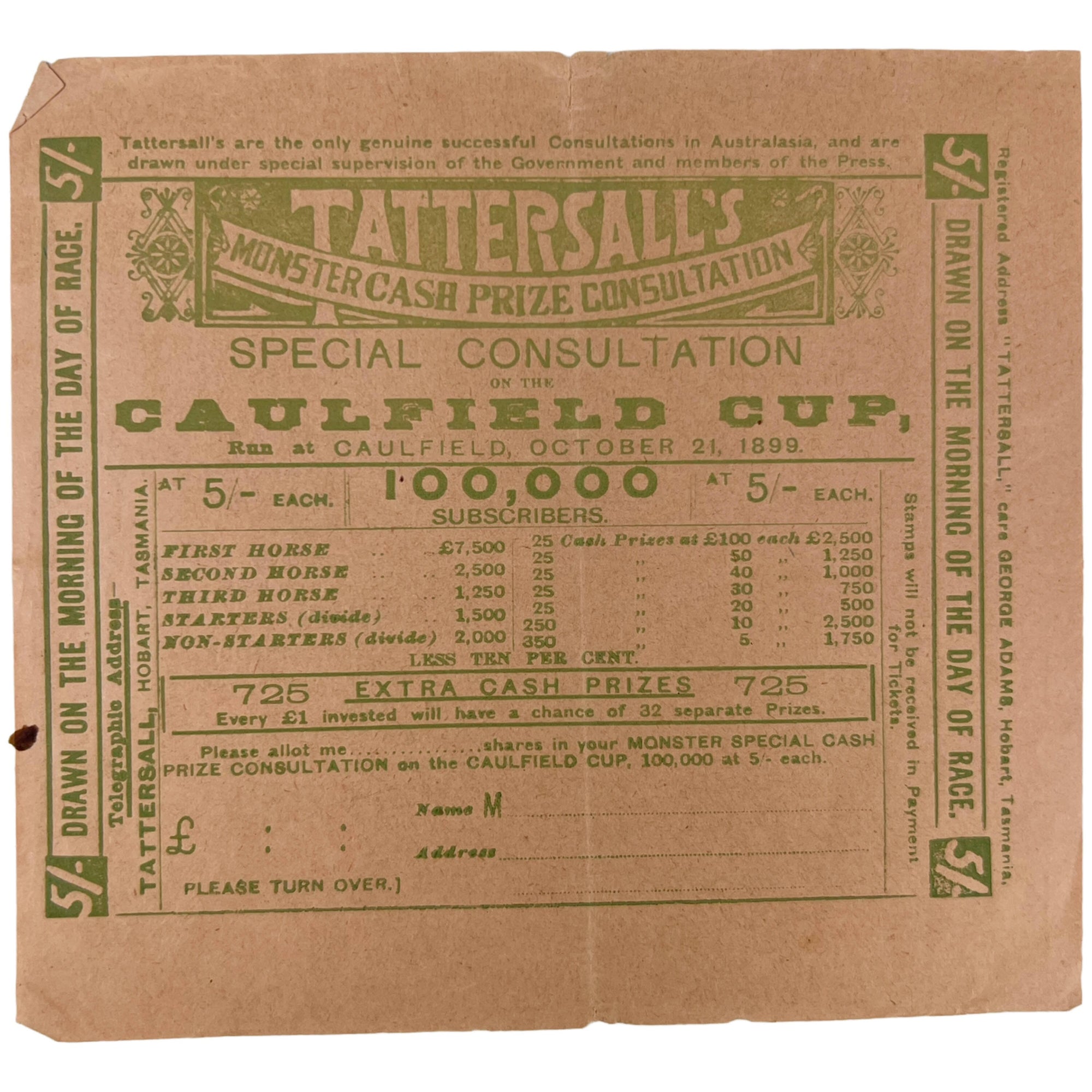 1899 Antique Australia Horse Race Lottery Ticket Application Lot Tattersalls Tasmania + Leaflet - Poppy's Vintage Clothing