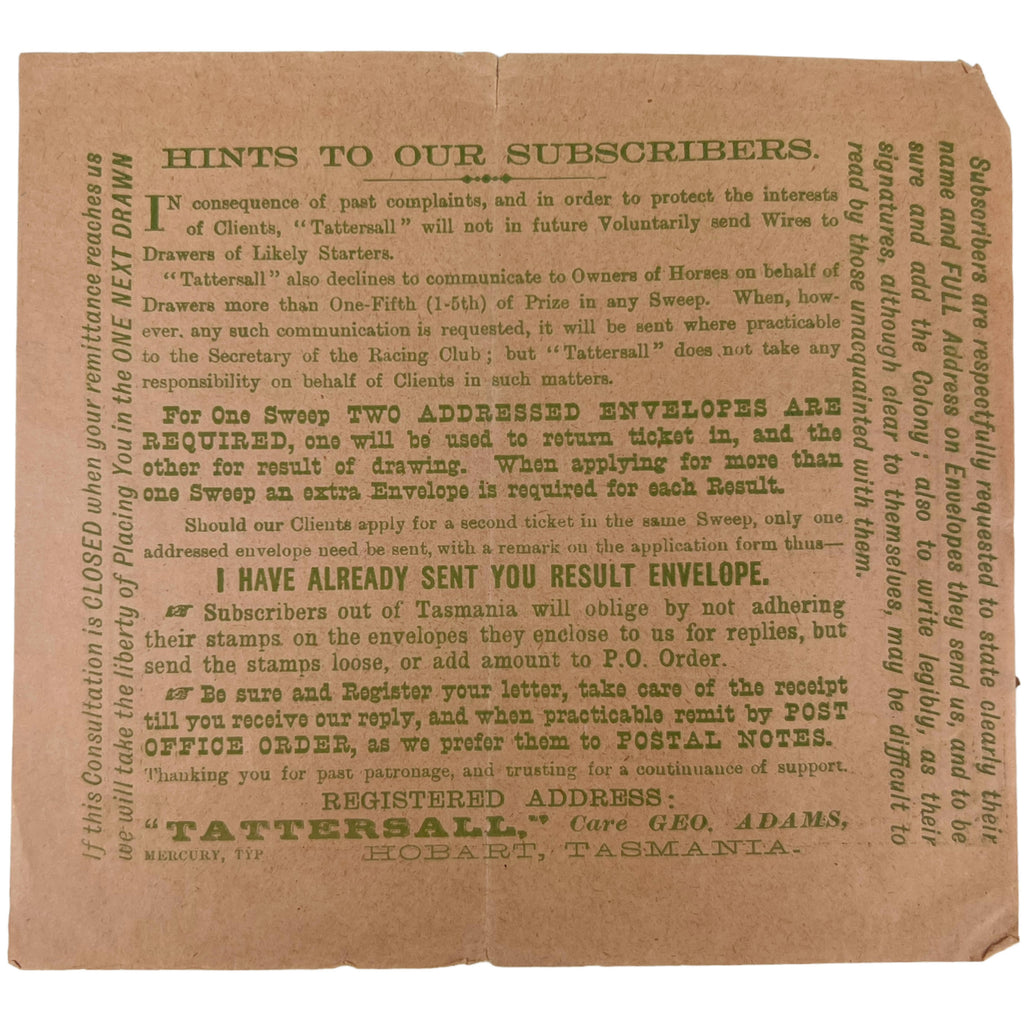 1899 Antique Australia Horse Race Lottery Ticket Application Lot Tattersalls Tasmania + Leaflet - Poppy's Vintage Clothing