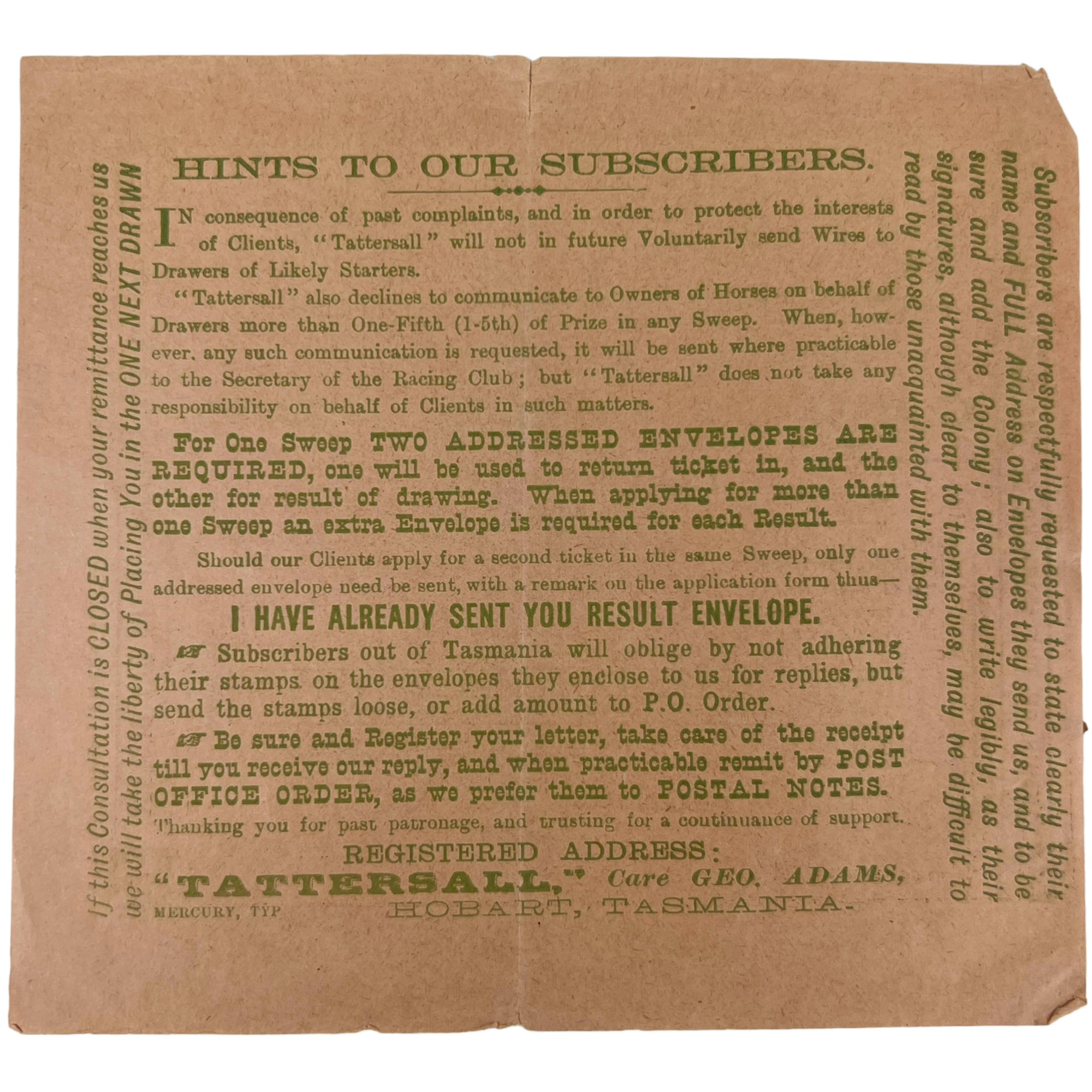 1899 Antique Australia Horse Race Lottery Ticket Application Lot Tattersalls Tasmania + Leaflet - Poppy's Vintage Clothing