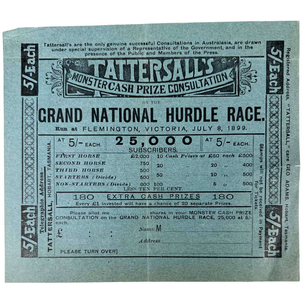 1899 Antique Australia Horse Race Lottery Ticket Application Lot Tattersalls Tasmania + Leaflet - Poppy's Vintage Clothing