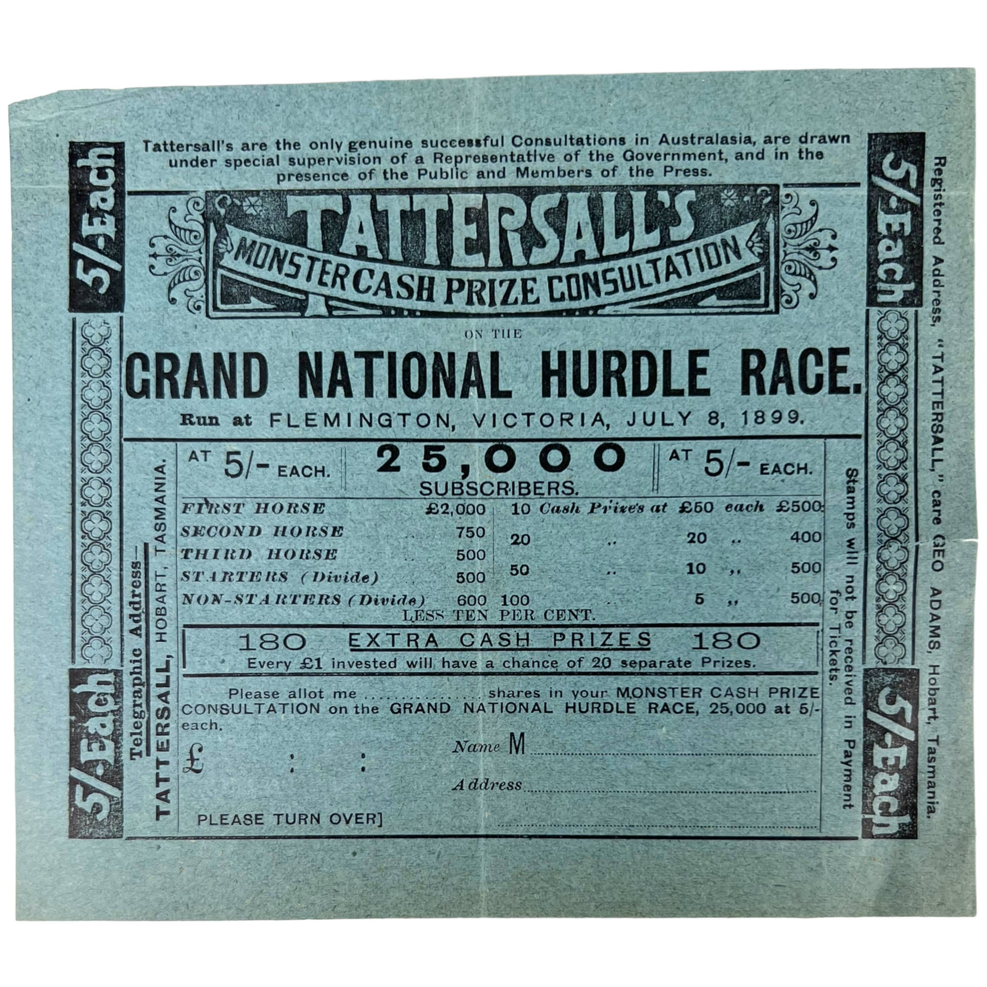 1899 Antique Australia Horse Race Lottery Ticket Application Lot Tattersalls Tasmania + Leaflet - Poppy's Vintage Clothing