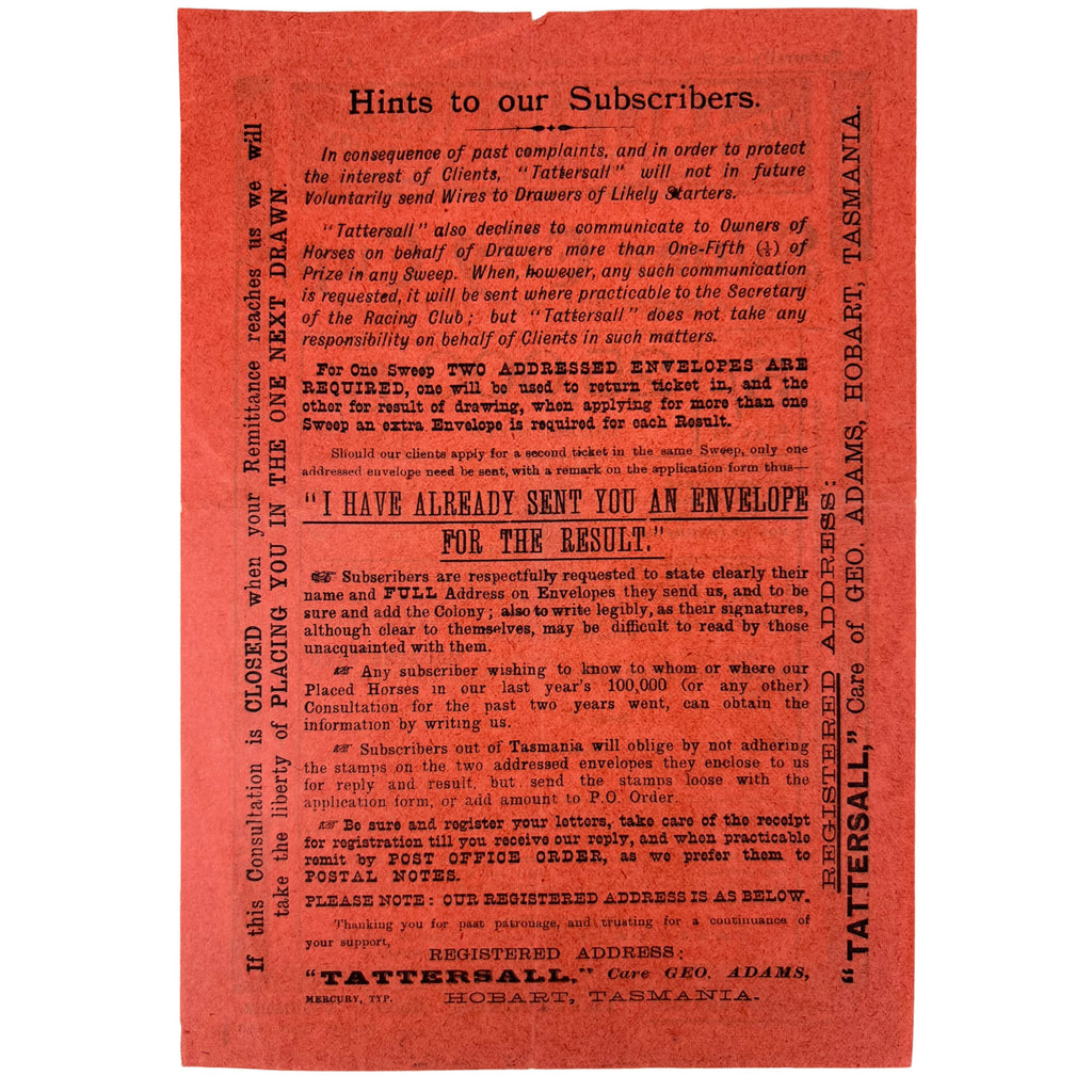 1899 Antique Australia Horse Race Lottery Ticket Application Lot Tattersalls Tasmania + Leaflet - Poppy's Vintage Clothing