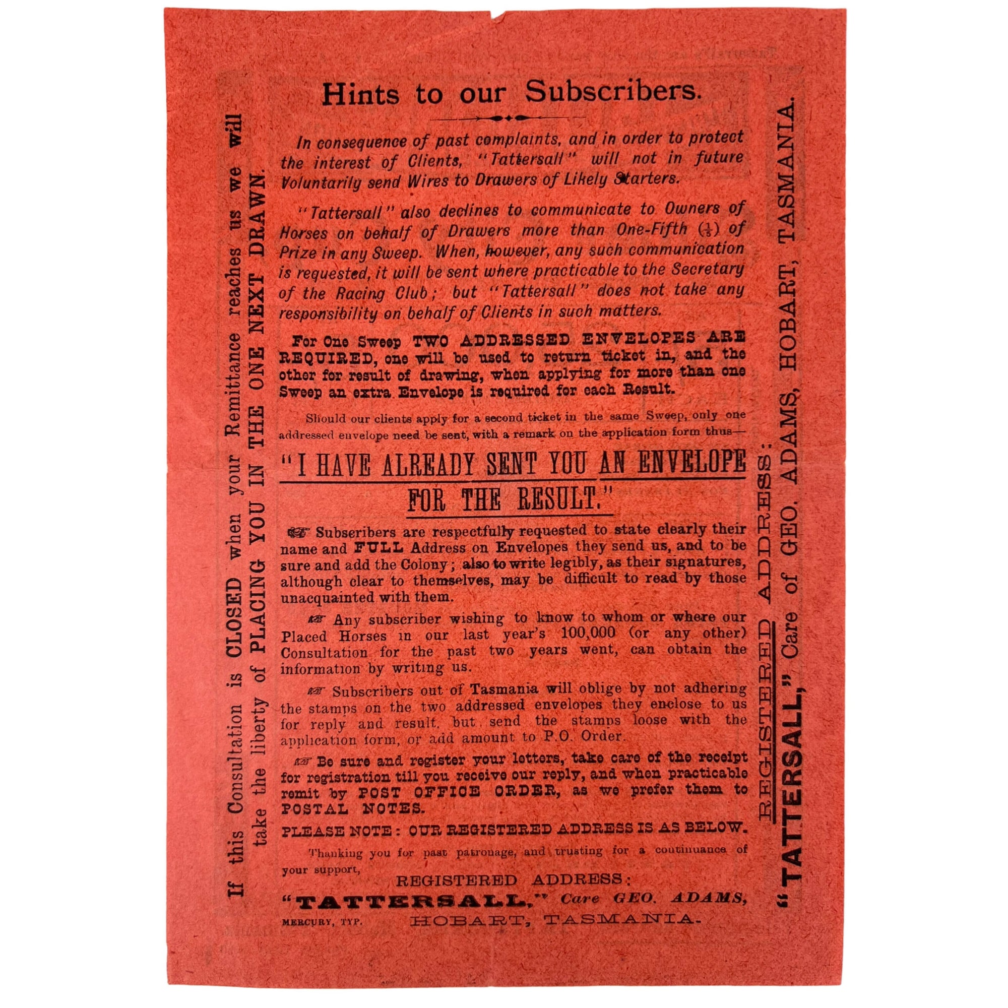 1899 Antique Australia Horse Race Lottery Ticket Application Lot Tattersalls Tasmania + Leaflet - Poppy's Vintage Clothing