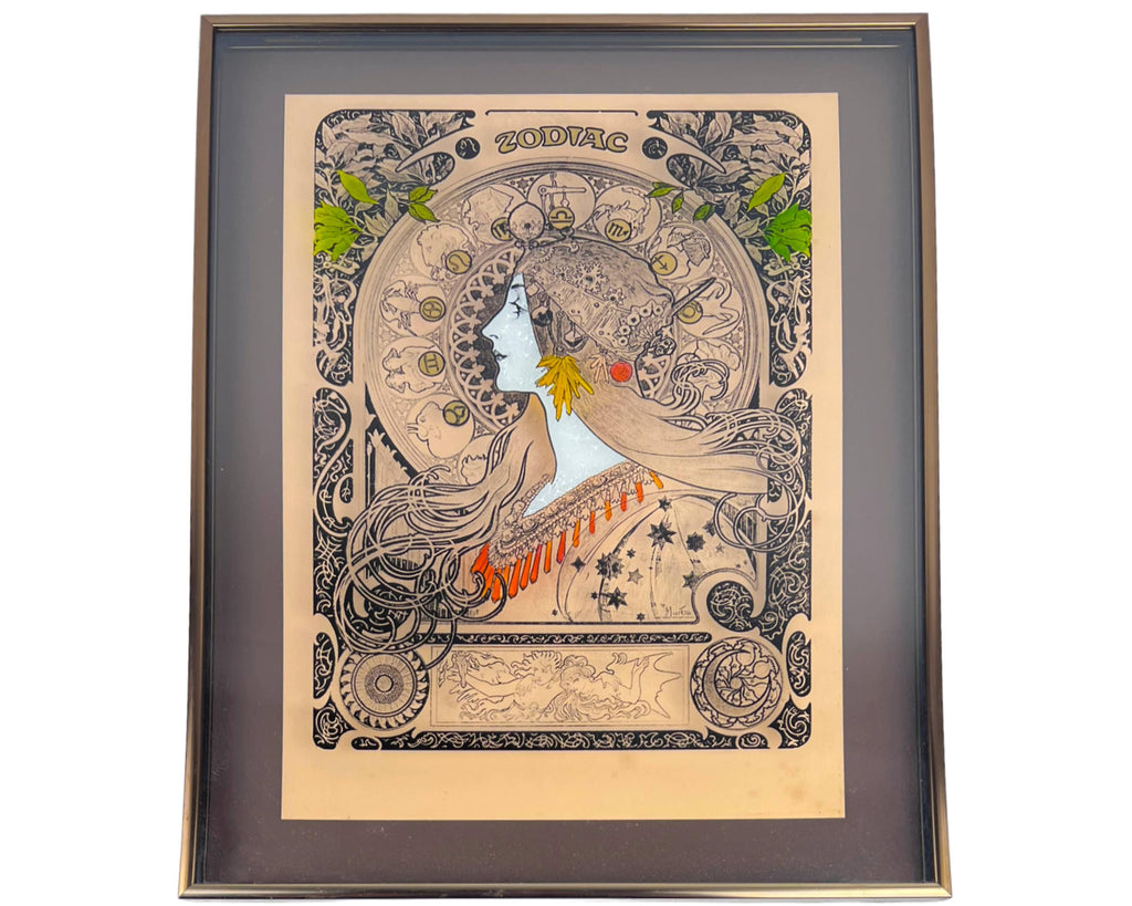Vintage 1972 Lucid Lines Alphonse Mucha Zodiac Reverse Printed Glass Shadowbox - Poppy's Vintage Clothing