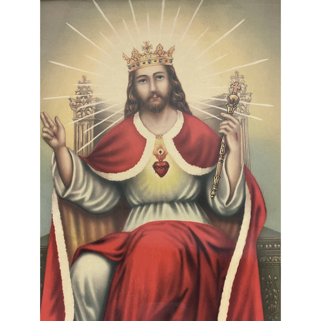Antique Jesus Christ King Chromo Litho Print in Ornate Gold Gesso Frame - Poppy's Vintage Clothing